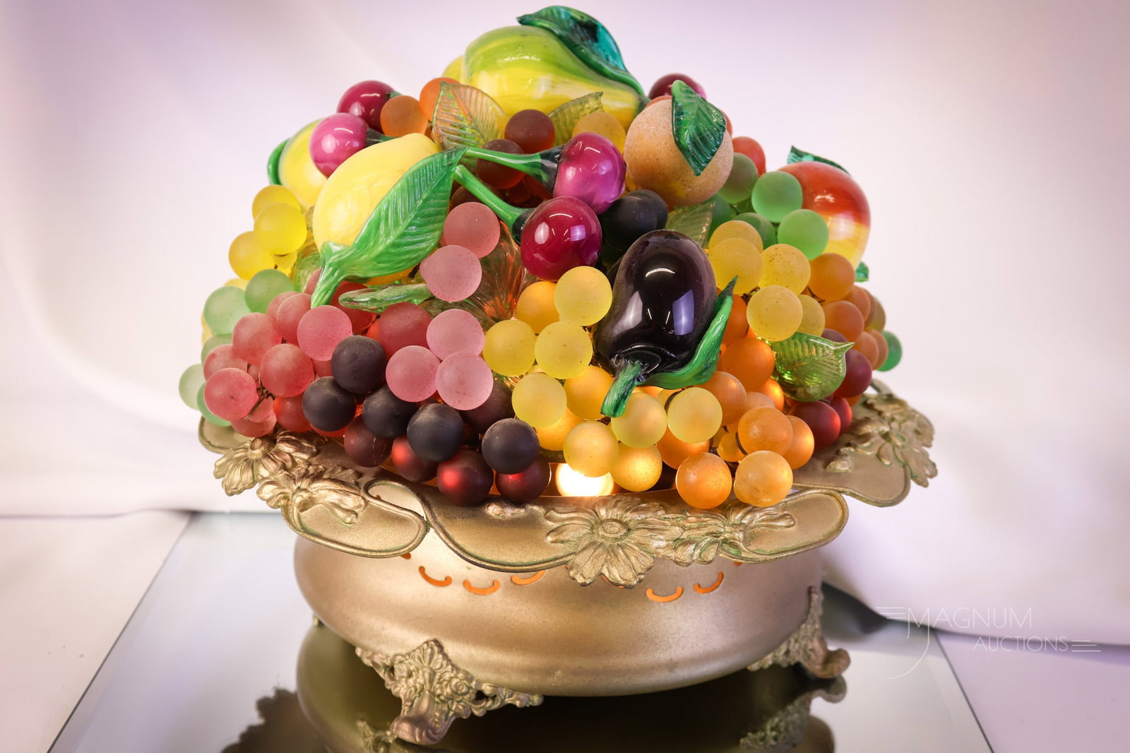 Antique Monumental Czech Glass Fruit Art Deco Centerpiece Lamp: Antique monumental Czech glass fruit lamp. This lamp is large, measuring 9" tall and 10 1/2" wide. There is an abundance of colorful grapes and fruits, including pears, cherries, plums, and apples. SH