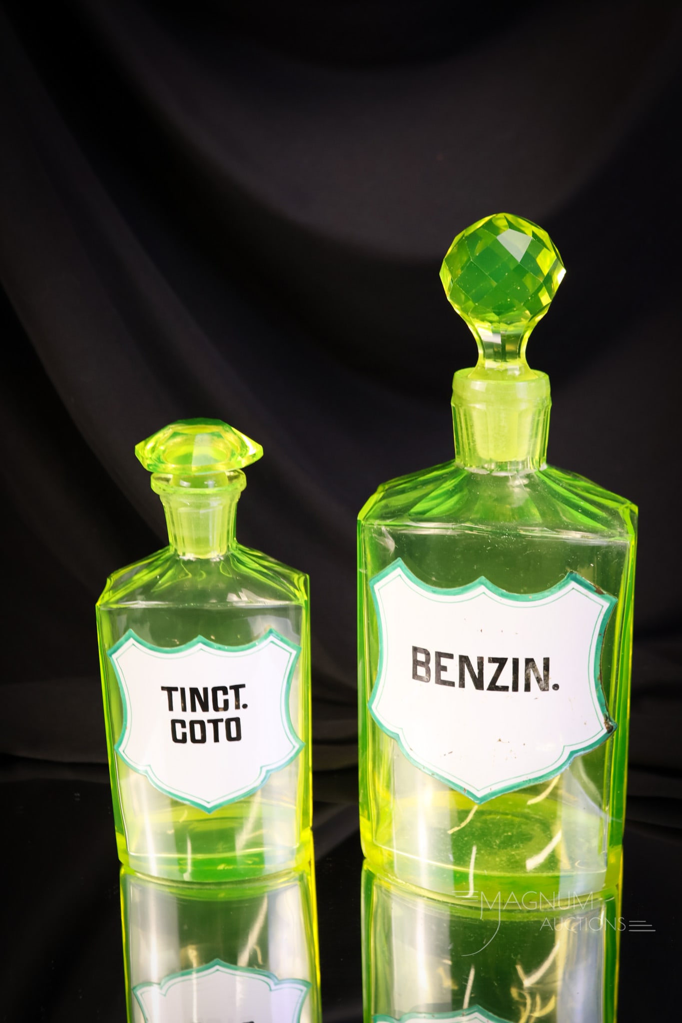 2 pc Lot Antique Victorian Uranium Vaseline Glass Apothecary Bottles Enameled Labels: Two selections in antique vaseline uranium apothecary bottles with enameled labels. They read "Tinct Coto" and "Benzin." The tallest measures 9 1/4". These are rarely found in this color! SHIPPING NOT