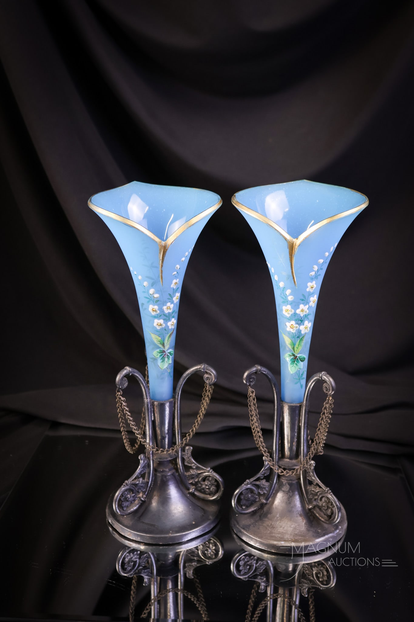 Pair Aurora Silverplate Victorian Blue Enameled Gilt Calla Lily Epergne Vases (1 of 7)