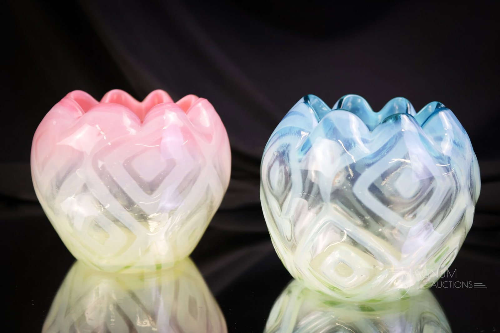 2 pc Lot Victorian Vaseline Uranium Opalescent Rose Bowls: Two desirable finds for the Vasie collector in you! This lot of two rose bowls is sure to fit the bill. Each is in vaseline opalescent glass. One with a pink top and one with a blue top. Both are in t