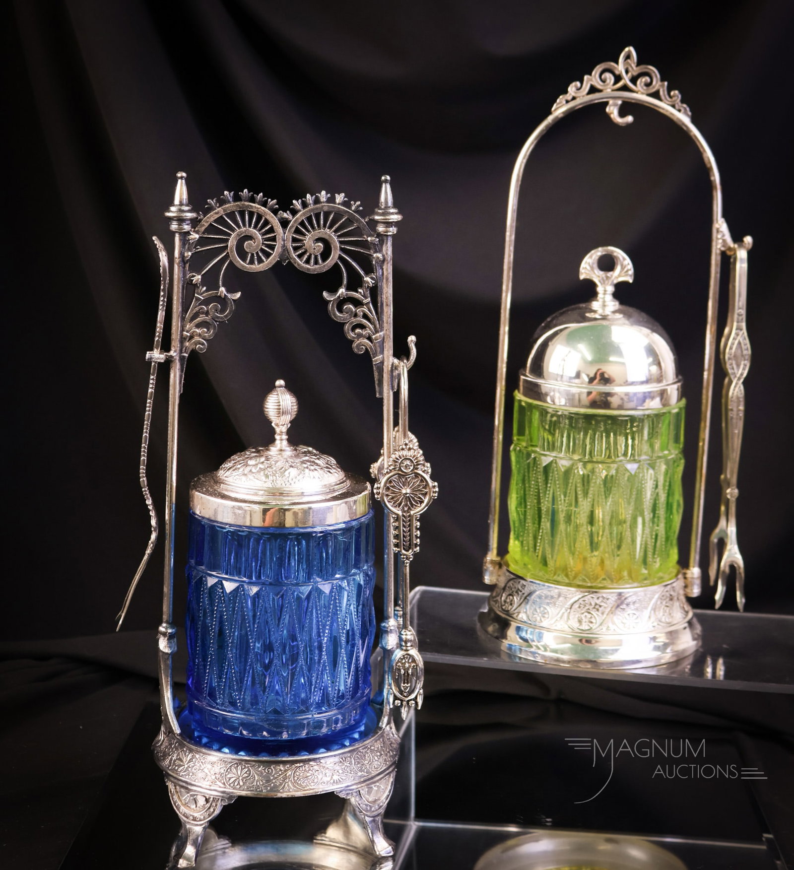 2 pc Lot Victorian Vaseline Uranium & Blue Middletown & Rogers Silverplate Pickle Castors: Two collection-enhancing finds in Victorian silverplate and glass pickle castors. Both are in the Beaded Diamond pattern. One is blue, and the other is vaseline. The frame with the blue is marked Midd