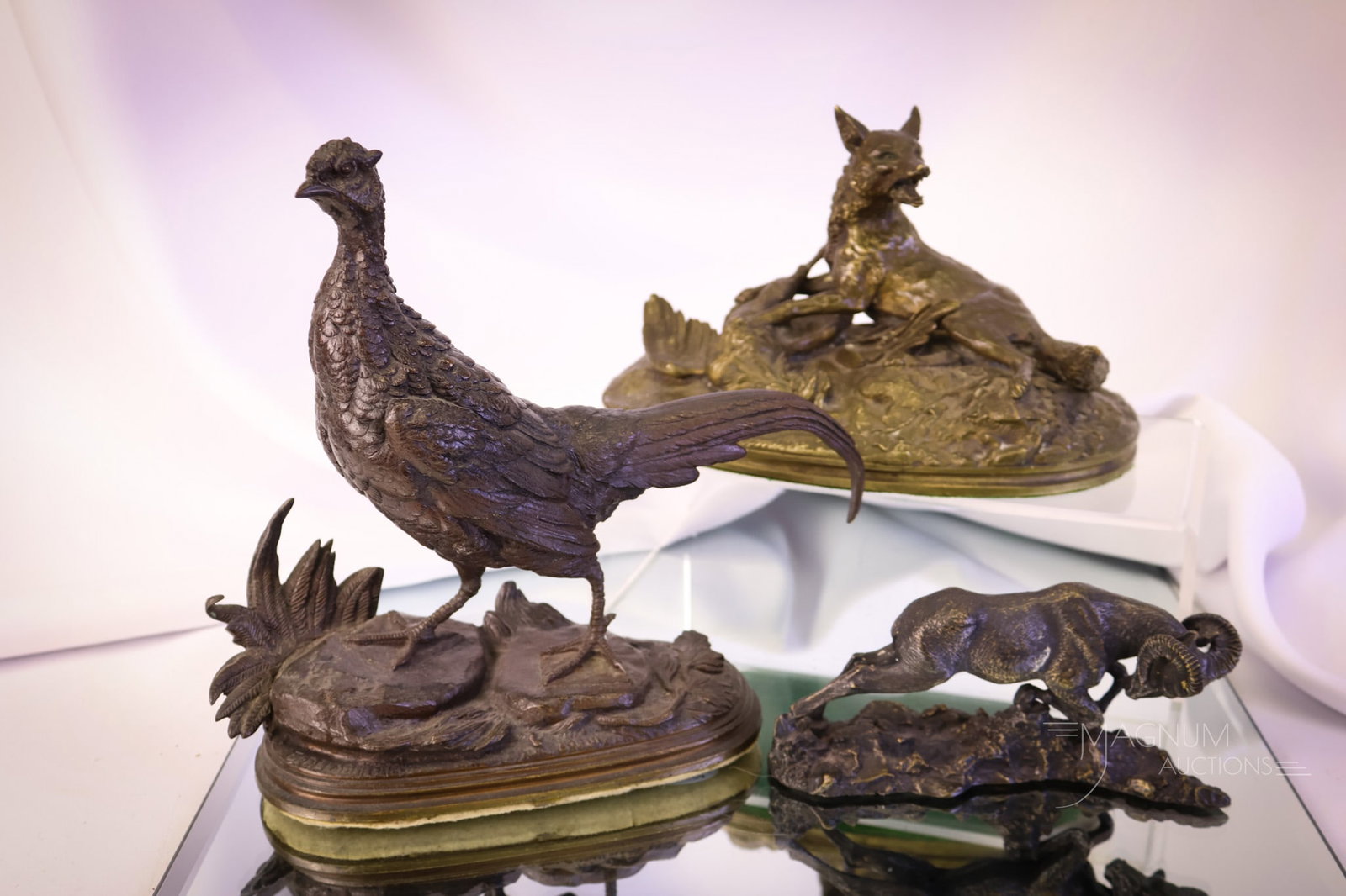 3 pc Lot Antique Bronze Statues P.J. Mene & More: Three nice finds in antique bronze statues. The first is signed Karl Schropp and is a fox. The next is signed, P.J. Mene, and is a ram. The final example is a pheasant by Paul Edward Delabrierre. The 