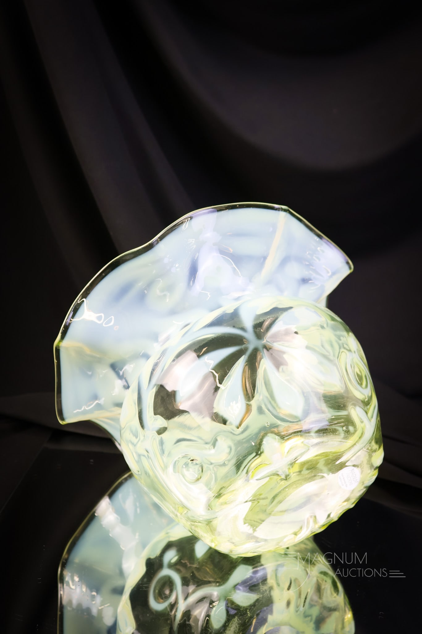 Walsh Horse Chestnut Victorian Vaseline Uranium Opalescent Glass Vase: A beautiful and smaller example than the previous one in the auction. This one measures 5 1/2" tall and 8 1/2" wide. This beautiful vase in the Horse Chestnut pattern by Walsh. The vase glows brightly