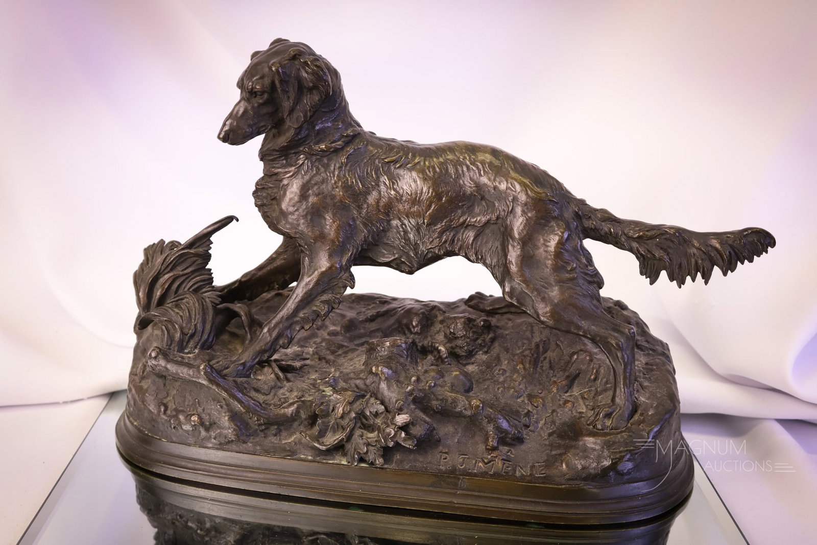 P.J. Mene Hunting Dog Antique Bronze: A wonderful signed P.J. Mene antique bronze of a hunting dog. This bronze features the original patina. It measures 8 1/2" tall and 13" wide. SHIPPING NOTICE: If you choose not to utilize the LiveAuct
