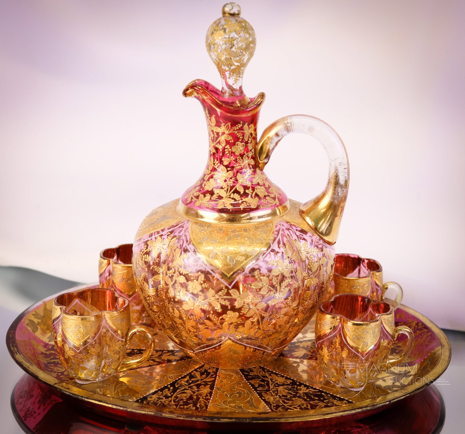 6 pc Moser Cranberry & Gold Art Glass Liquor Decanter Set w/ Tray (1 of 12)