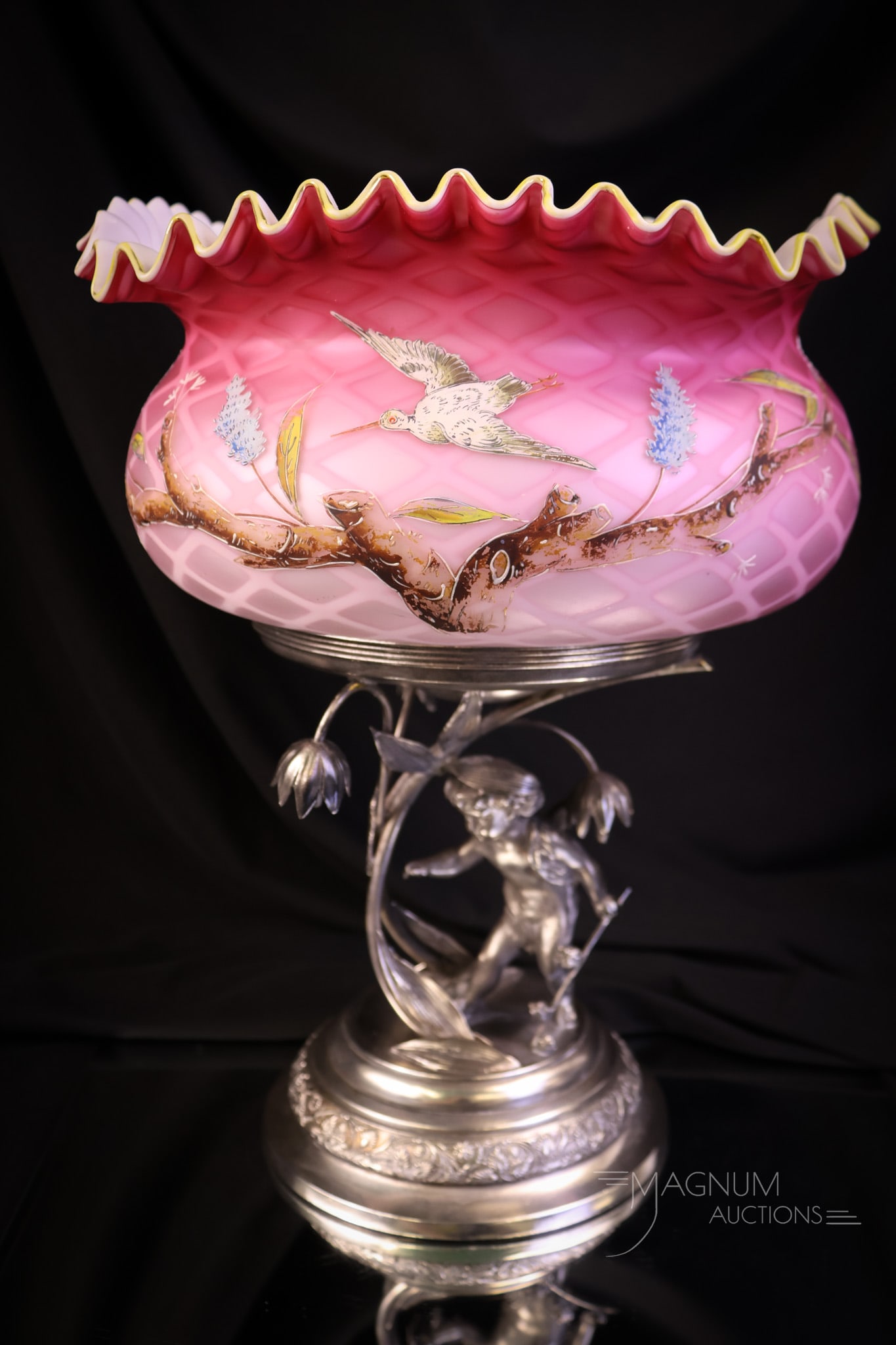 Middletown Victorian Enameled Mother of Pearl Glass Figural Brides Bowl Centerpiece: A wonderful figural cherub and mother-of-pearl Victorian glass brides' bowl centerpiece. This fabulous find features a Middletown silverplate holdeer with a figural cherub at the base. The bowl is pin