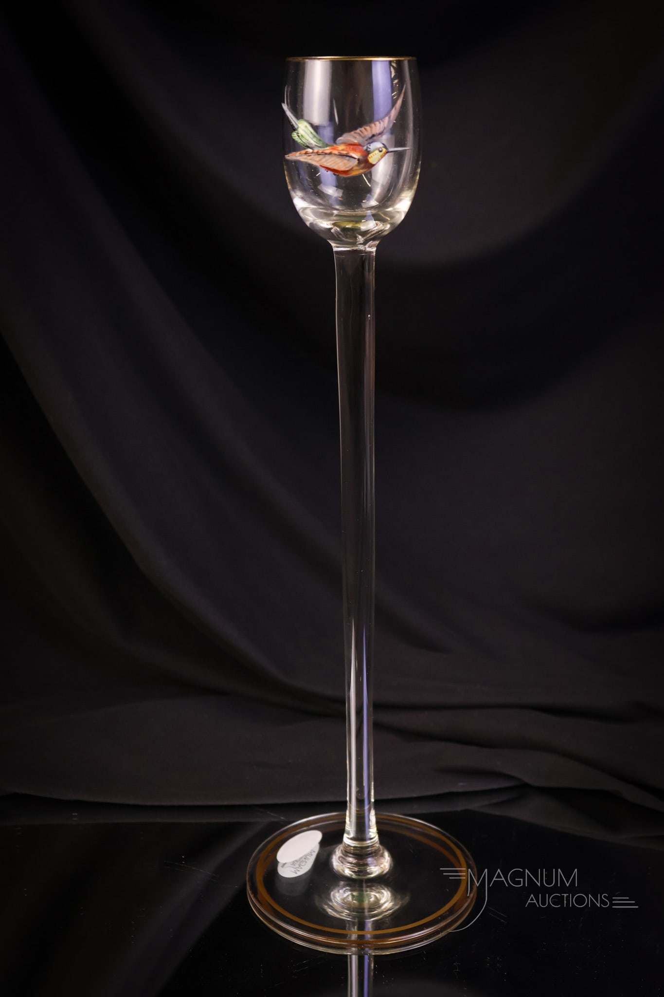 Moser Glass Tall Toasting Stem Heavy Enamel Hummingbird Decoration: A great piece for your art glass collection! This is a tall toasting stem attributed to Moser. This piece has a heavy, built-up enamel decoration of a hummingbird. The piece measures 11 1/2" tall and 