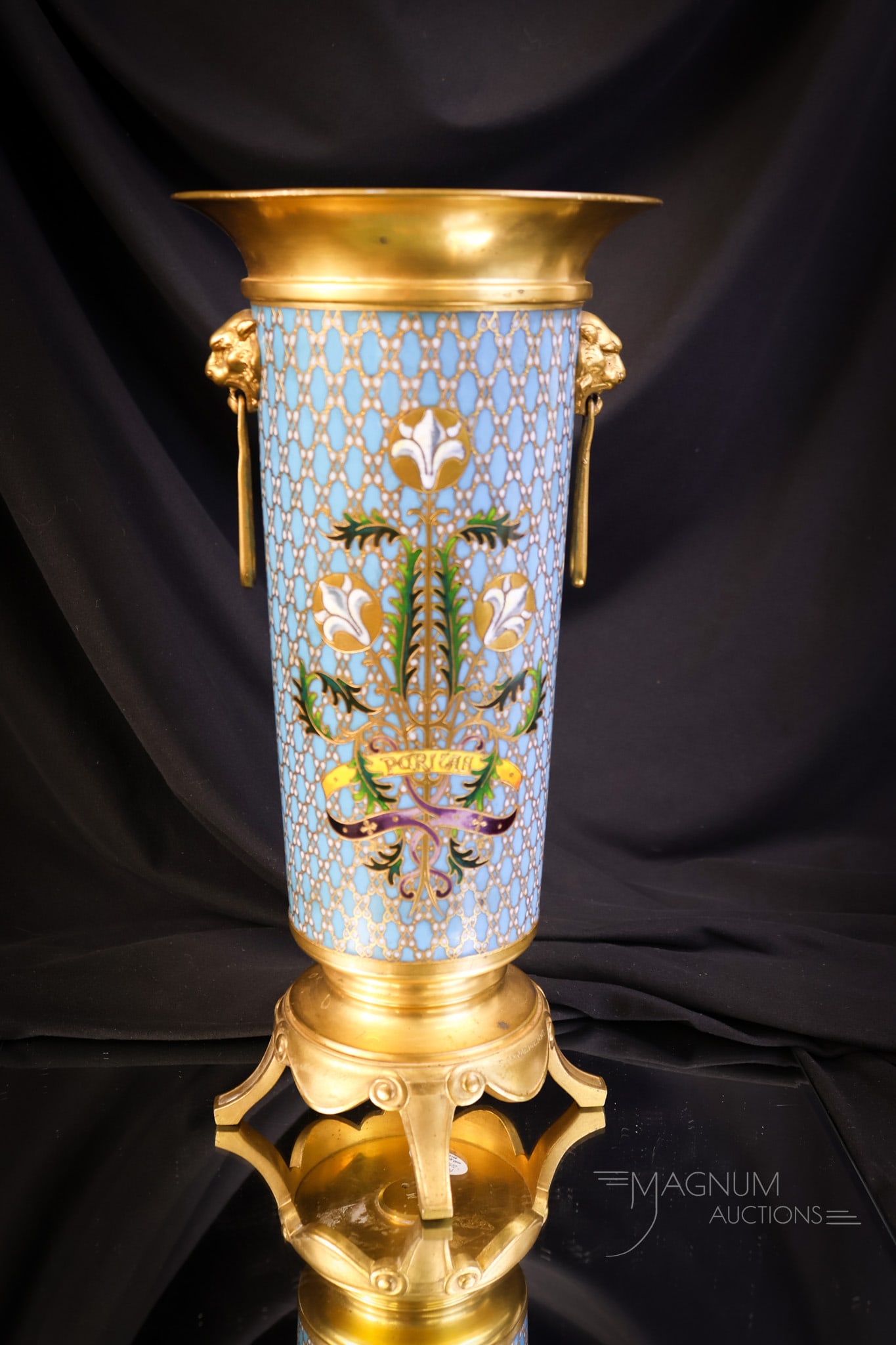 F. Barbedienne Cloisonne Bronze Napoleon III Period 19th Century 12" Vase: Here is a wonderful Napoleon III period, 19th-century, F. Barbedienne Bronze and cloisonne vase. This piece is in blue with gold and flowers. The vase has a lion head on the sides with ring handles. T