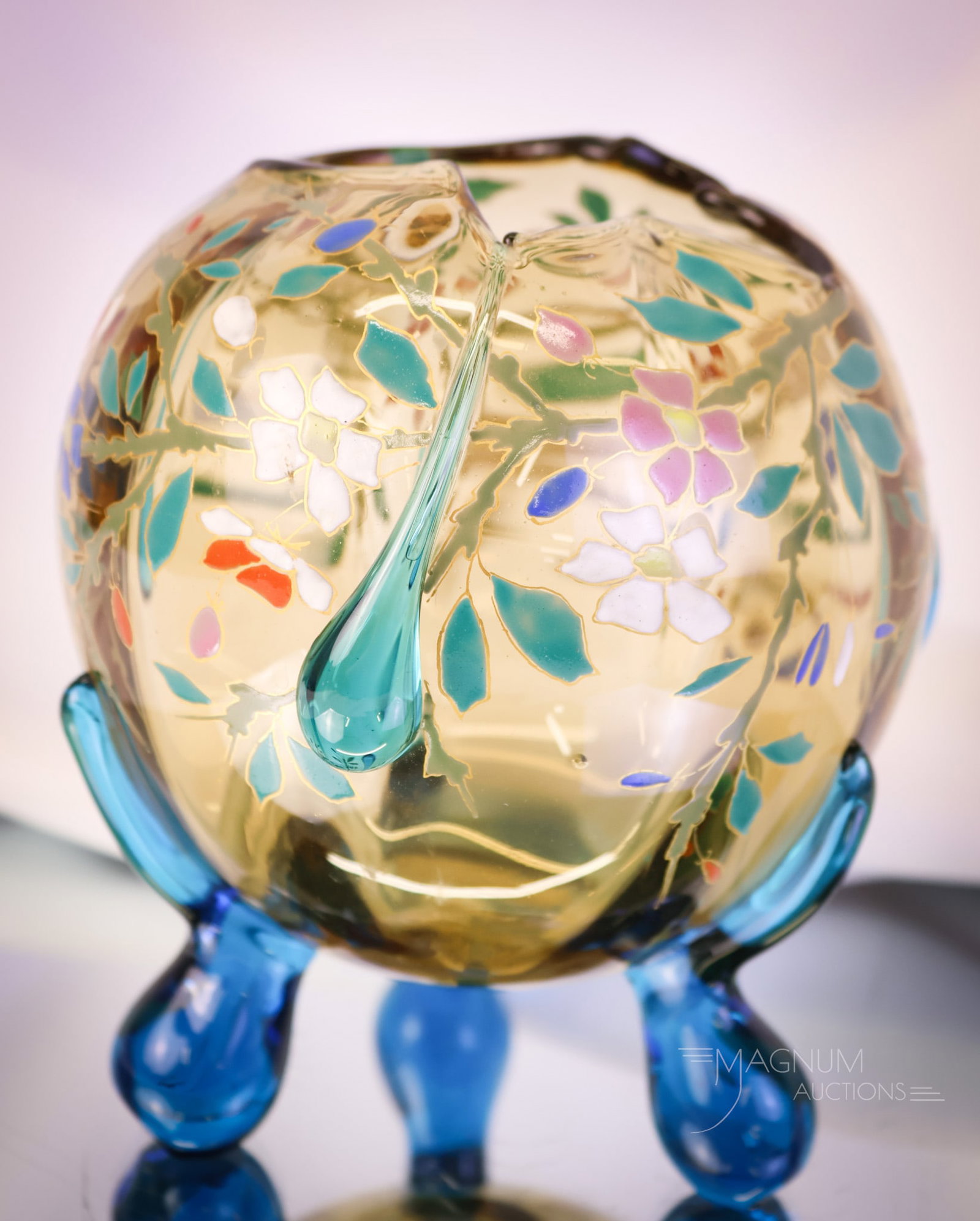 Moser Smoke Antique Art Applied Tadpole Glass Enameled Rose Bowl: A fine example of an attributed to Moser applied art glass rose bowl. This piece is in a smoke color with blue applied tadpole decoration and feet. It is further enhanced by enameling. SHIPPING NOTICE
