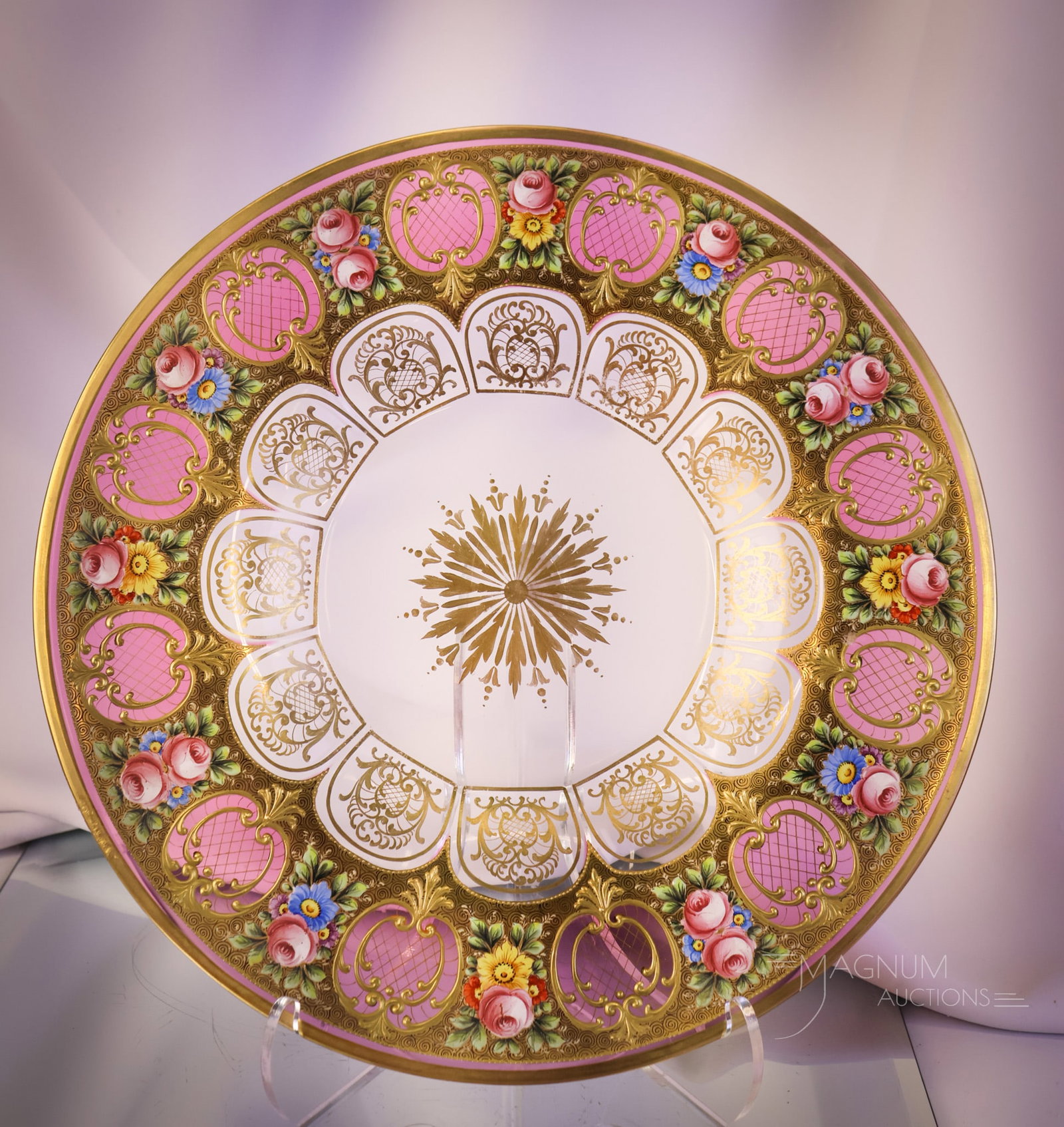 Moser Cranberry & Clear Fine Enamel Gilt Decorated 11 3/4" Glass Platter: A finely enameled Moser glass 11 3/4" platter. This piece is in cranberry and clear glass. This platter is decorated with gold and colorful florals. SHIPPING NOTICE: If you choose not to utilize the L