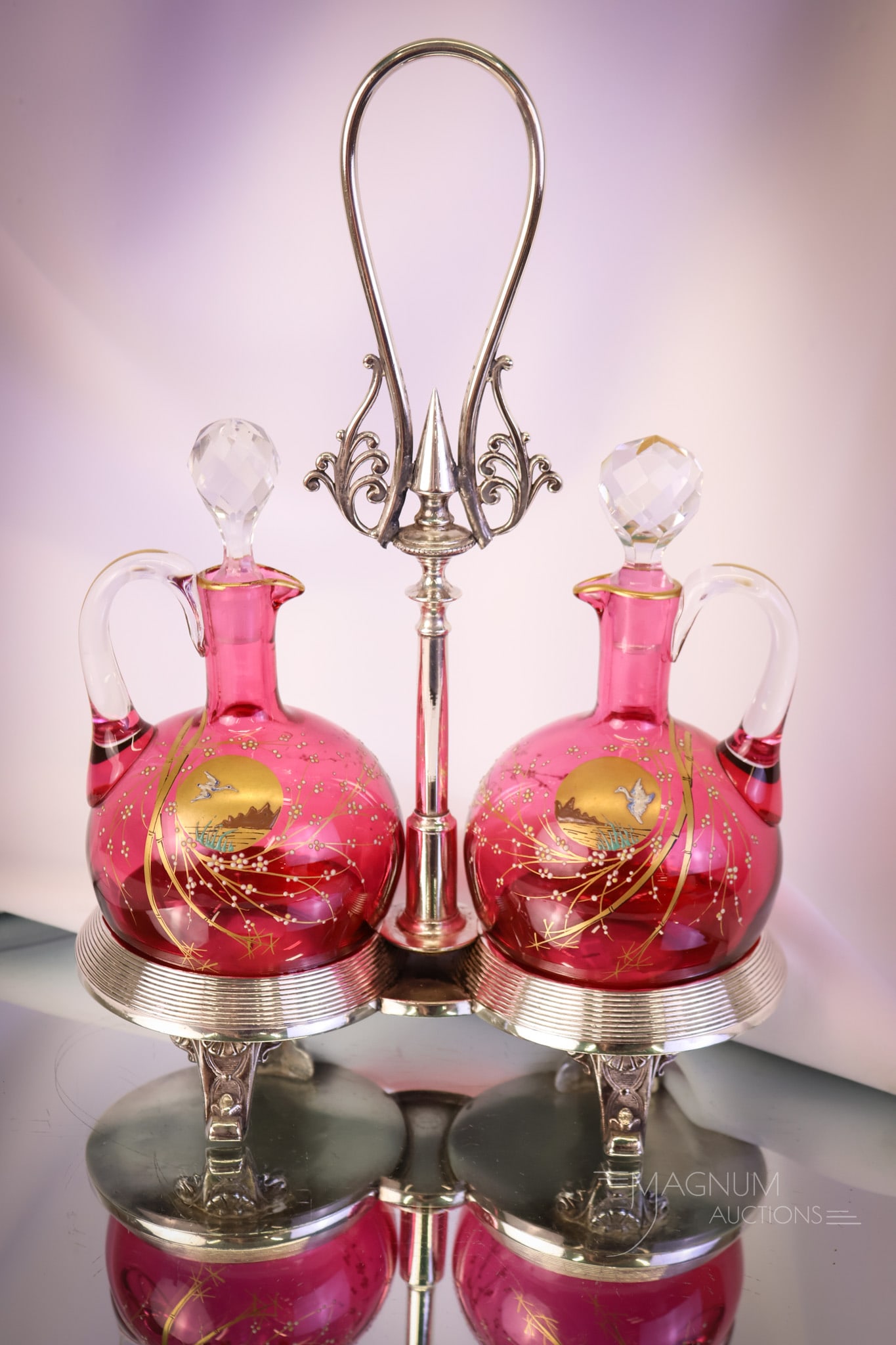 Sumpson Hall Miller Victorain Silverplate Cranberry Enamel Gilt Double Cruet Set (1 of 11)