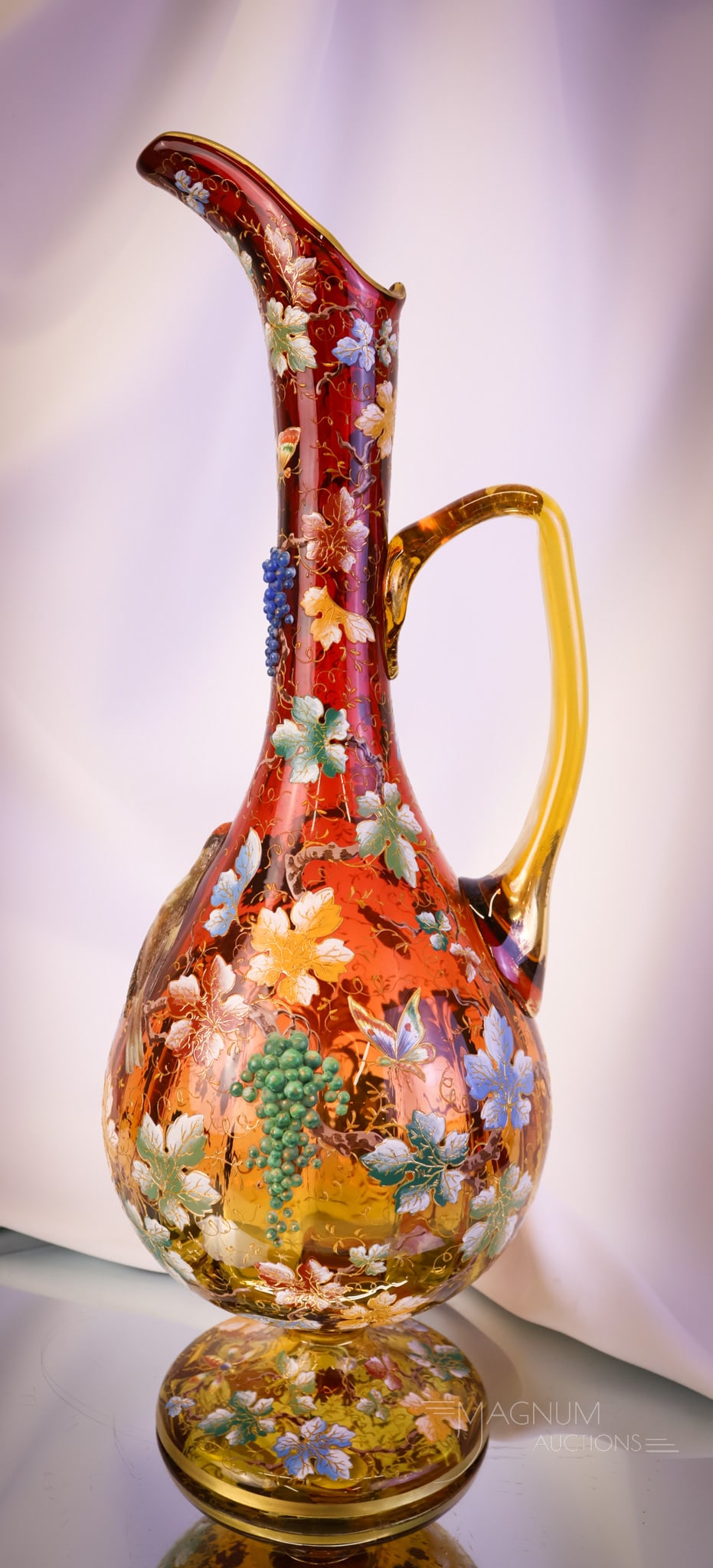 Museum Rarity Moser Monumental 17 1/2" Victorian Amberina Glass Enamel Gilt Decorated Ewer: A fantastic museum find presented for your bidding pleasure. This is a monumental 17 1/2" tall and 6" wide Moser amberina enamel and gilt decorated ewer. What a premier piece of art glass this piece i