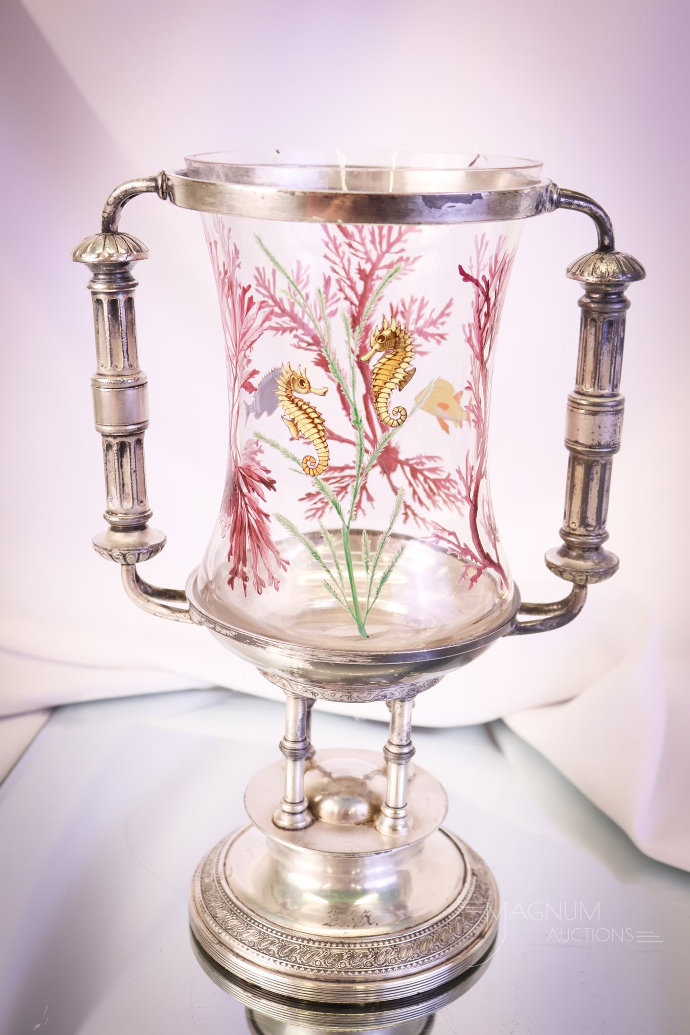 Reed & Barton Victorian Silverplate "Under the Sea" Moser Enameled Glass Celery vase: What an amazing piece this is! This is a marked Reed & Barton Victorian silverplate holder. It embraces a celery vase enameled in a style of Moser with an "Under the Sea" motif with seahorses, fish, a