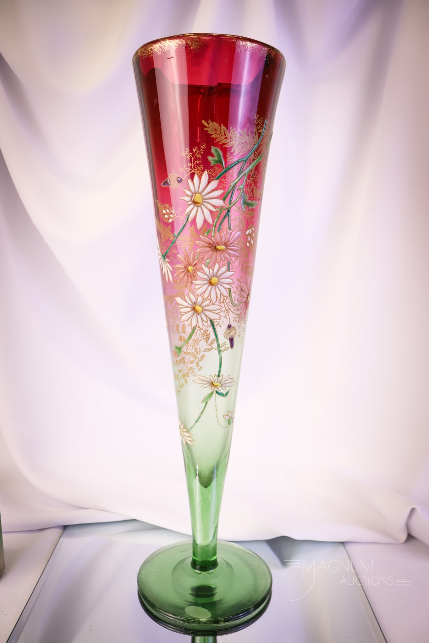 Museum Rarity 19 1/2" Victorian Enameled Greenarina Cranberry & Green Art Glass Trumpet Vase: Folks, this is a museum find. We have never seen another piece of Victorian Greenarina in this size. The massive vase measures 19 1/2" tall and 5 1/4" wide. This has beautiful graduated coloring and w