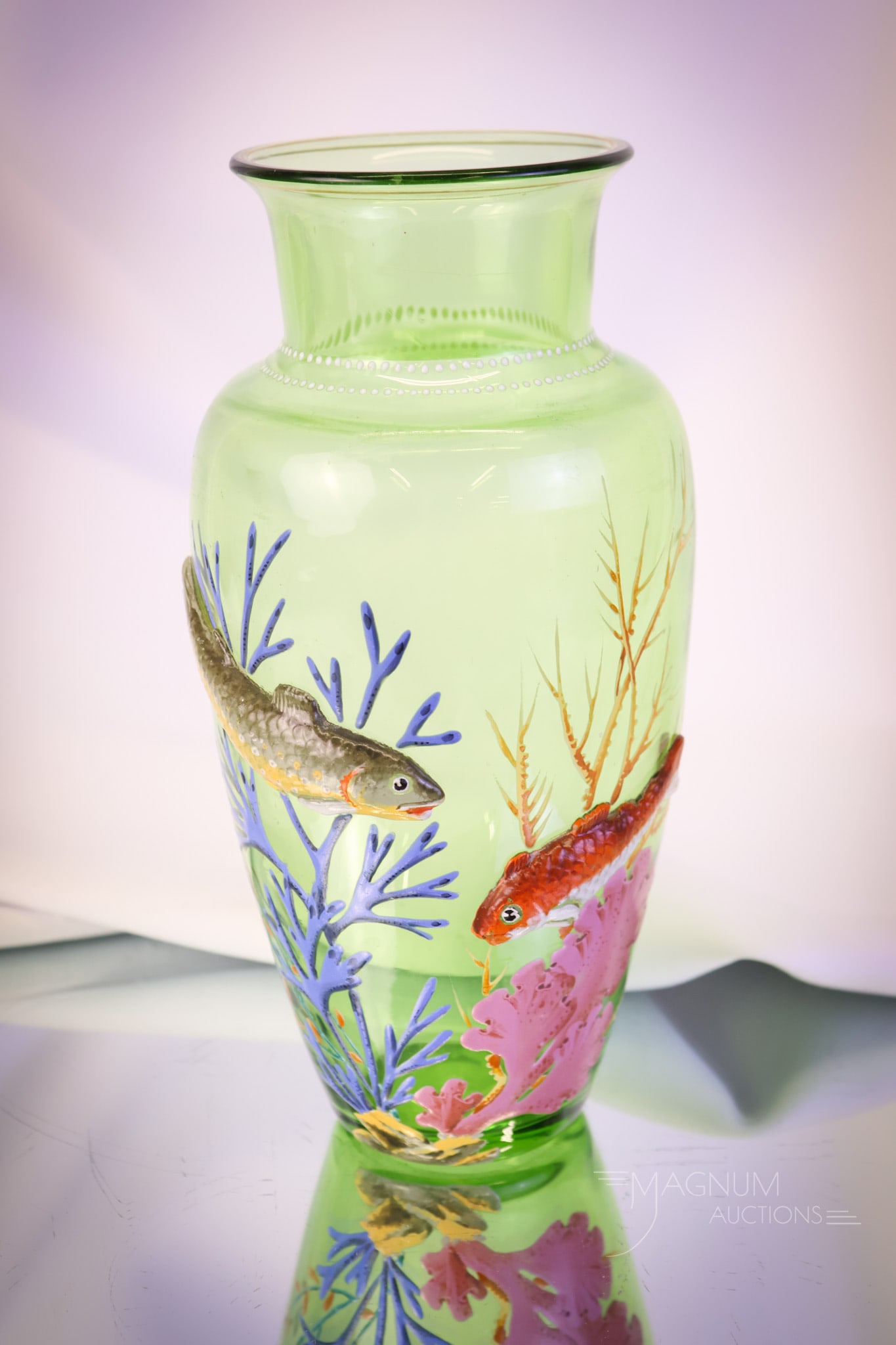 Bohemian Marsh Green "Under the Water" Victorian Enameled Glass Vase: A beautiful Bohemian art glass enameled Victorian glass vase. This piece is in a Marsh green color. It features an "under the water" scenic decoration with two heavy, built-up enamel fish. The vase me