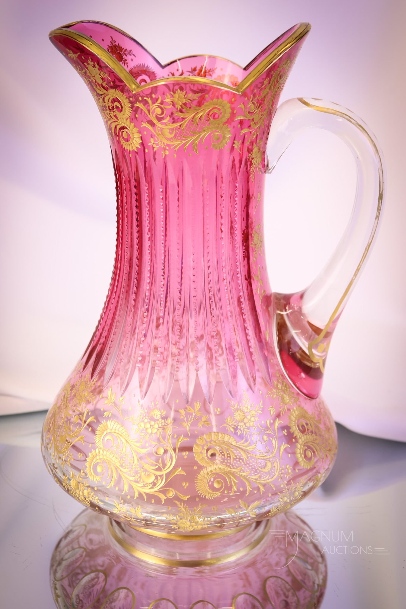 Moser Cranberry to Clear Engraved Gilt Decorated Art Glass Pitcher (1 of 7)