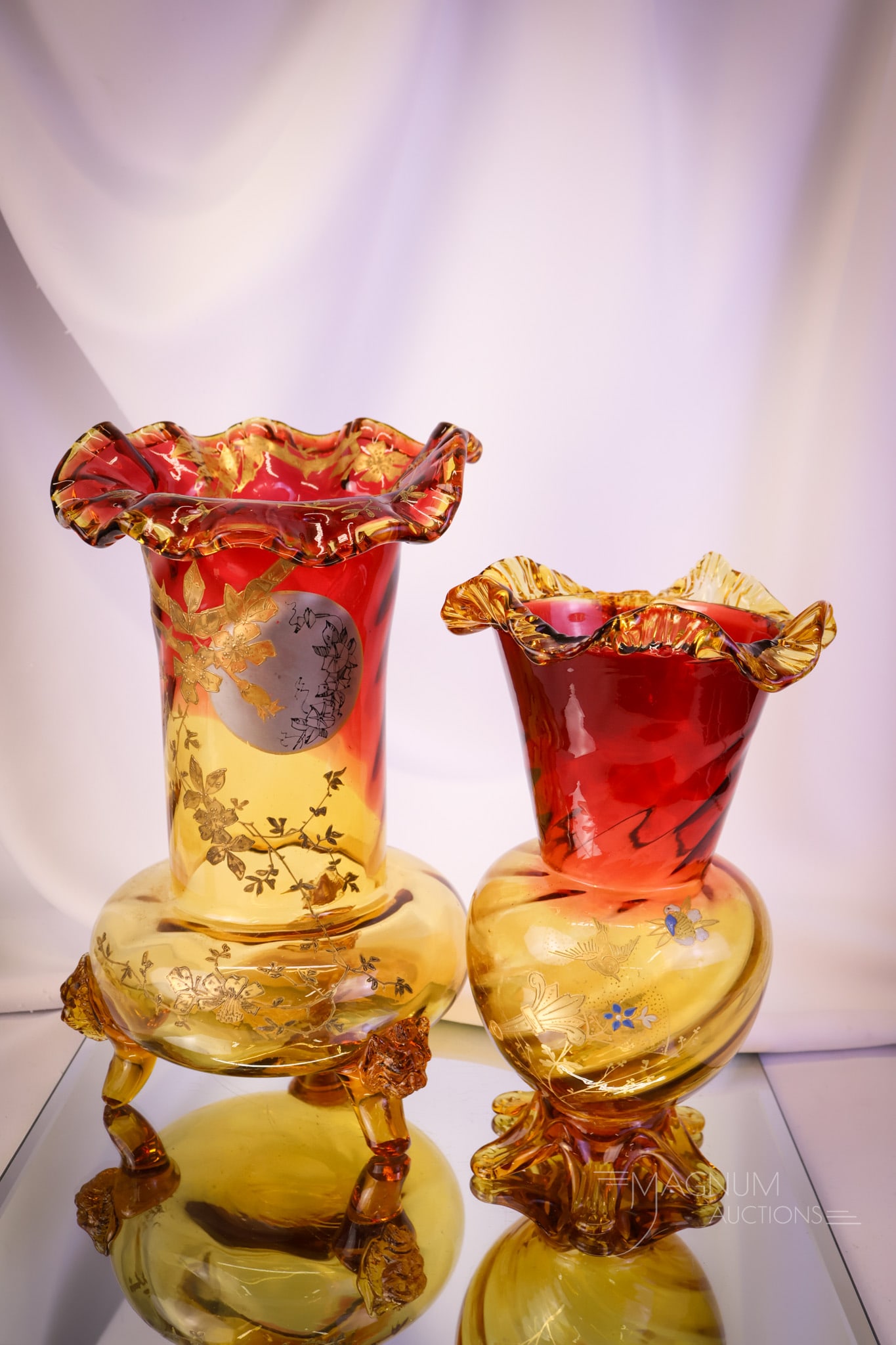 2 pc Lot Decorated Amberina Glass Vases (1 of 14)