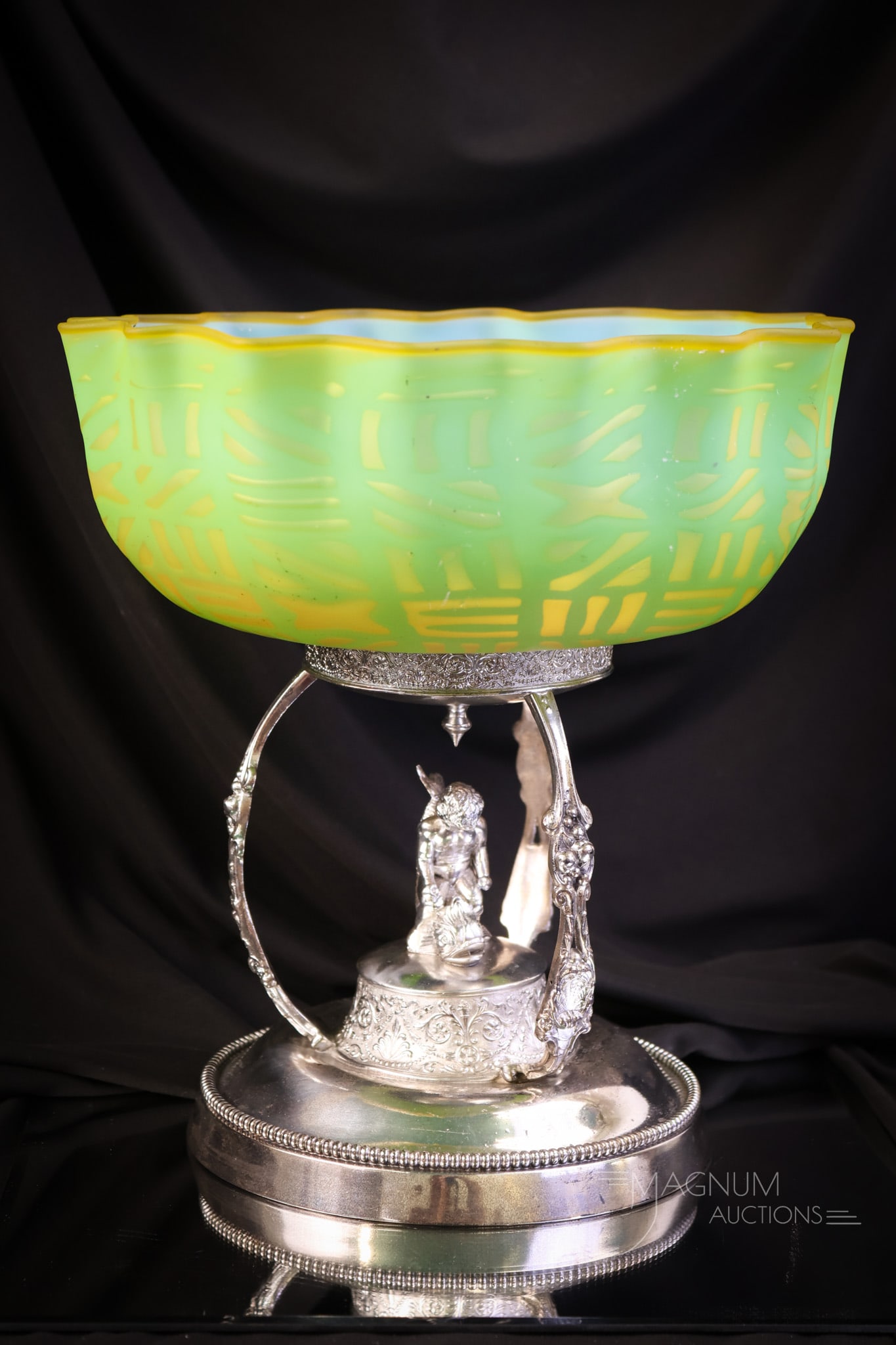 Webster Victorian Silverplate Figural Mother of Pearl Satin Glass Brides Bowl Centerpiece: What a gorgeous find in our auction! This is a signed Webster figural Victorian silverplate holder. This piece features a figural boy riding a dolphin. The holder shows off a rare green mother-of-pear