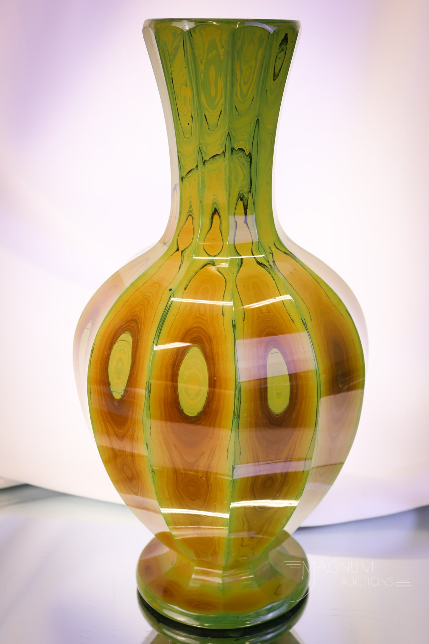 Bohemian Lithyalin 12" Antique Agate Art Glass Vase: An extremely impressive find in Bohemian Lithyalin antique agate art glass. This vase measures 12" tall and 5 1/2" wide. It is made of green and brown agate glass. Great form and glass pattern to this