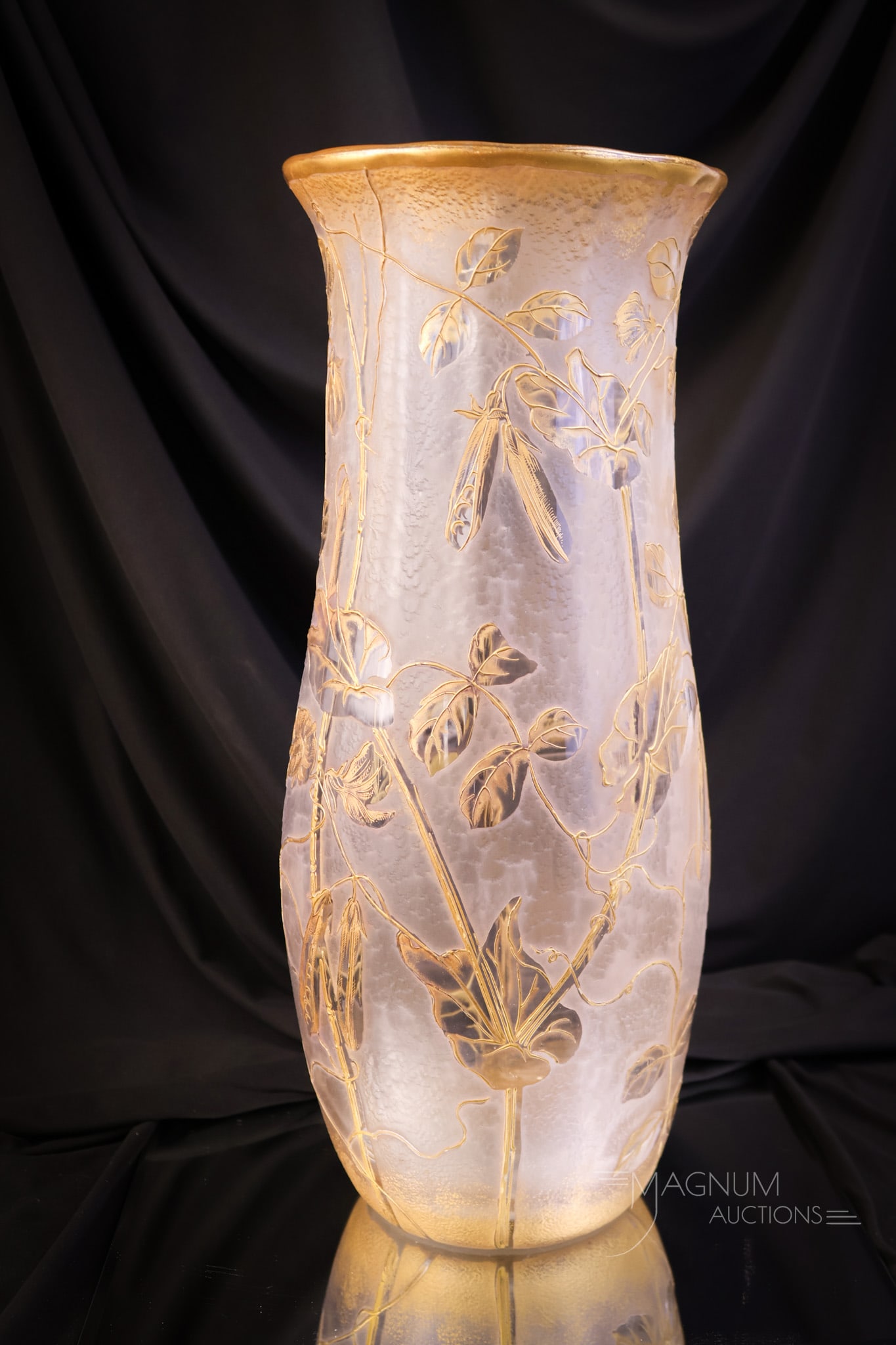 Signed Legras St. Denis Monumental 16" Cut Cameo Gilt Art Glass Vase: An impressive find in antique art glass. This is signed with a St. Denis mark. This vase measures 16" tall and 6 1/2" wide. It is monumental. The vase is cut cameo with an acid etched surface. It is d