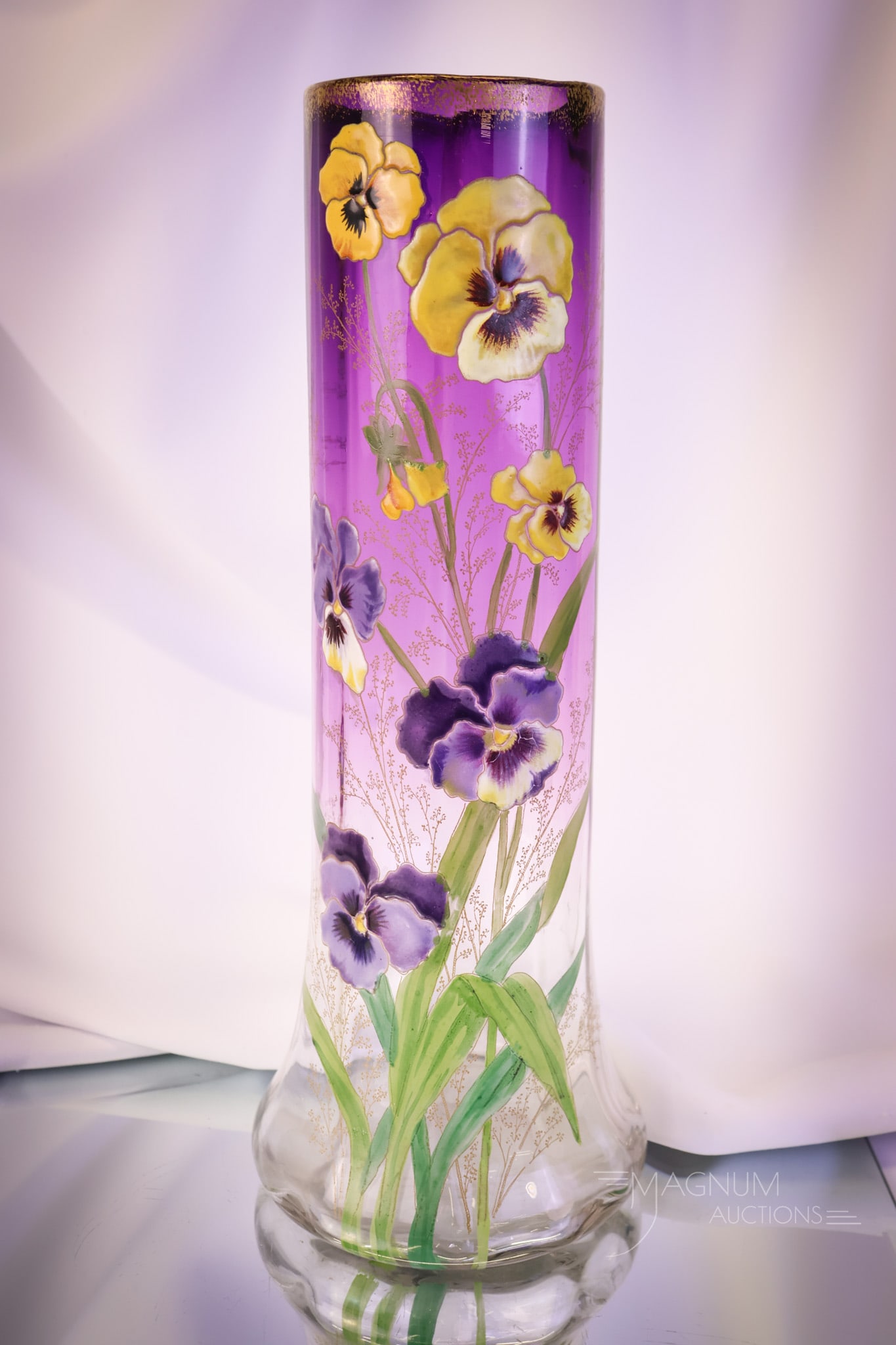 Legras Mt. Joye 14" Purple Ombre Victorian Enameled Gilt Art Glass Vase: Another beautiful find in Victorian art glass. This piece is attributed to Legras or Mt. Joye. It is tall at 14". This vase is in a purple ombre glass to clear. The vase is decorated with enameled pan