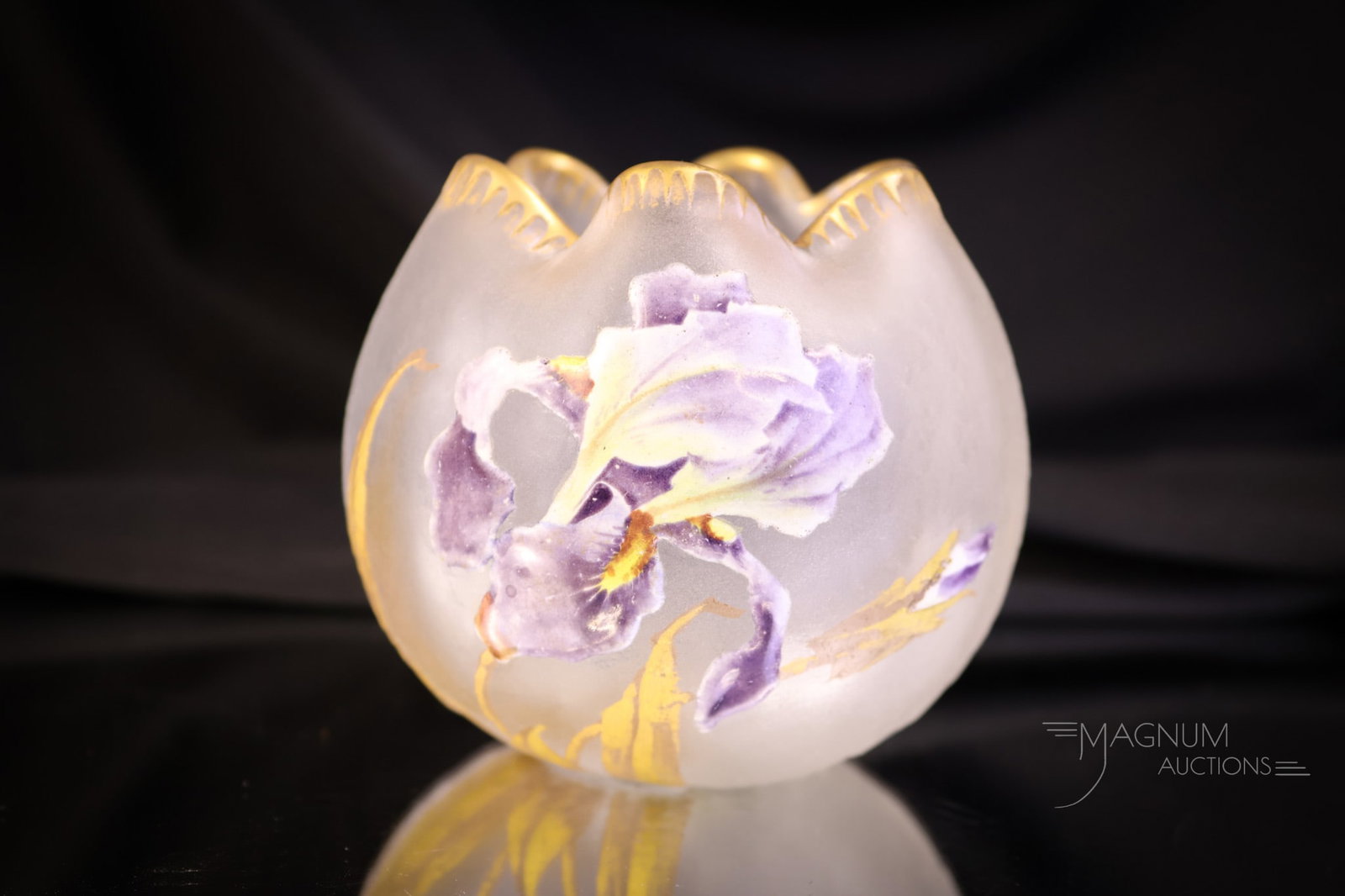 Legras Mt. Joye Signed Frosted Enameled Glass Rose Bowl: A fine Legras/Mt. Joye signed rose bowl. This piece is frosted and enamel decorated with a purple iris flower and gilt trim. The rose bowl measures 3 1/4" tall and 3 1/2" wide. SHIPPING NOTICE: If you