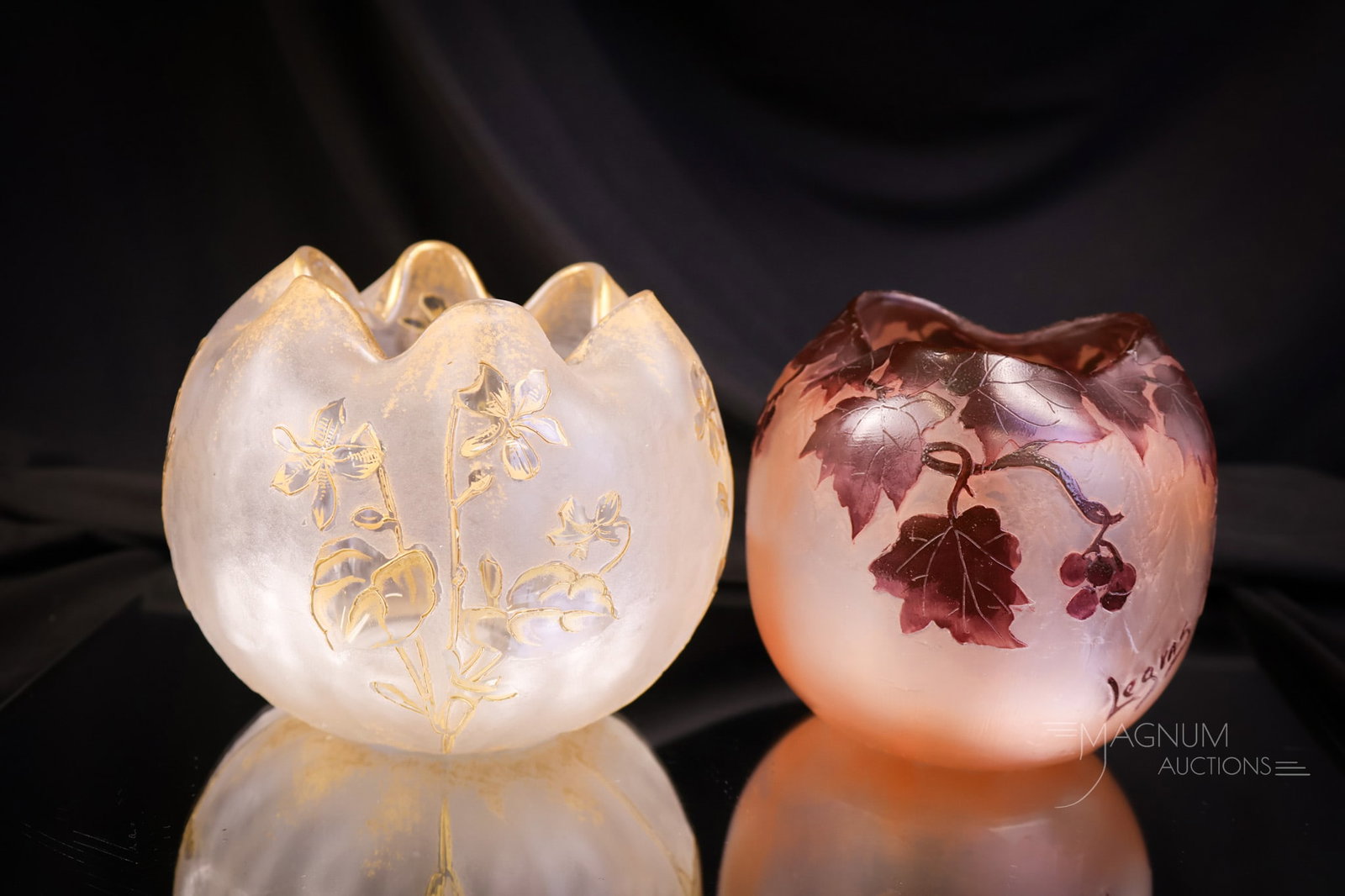 2 pc Lot French Art Glass Rose Bowls St. Denis & Legras: Two desirable finds in French art glass rose bowls. The first is signed St. Denis. It is made in acid-etched cameo glass with gilt florals for the design. The second is a signed Legras example. It has