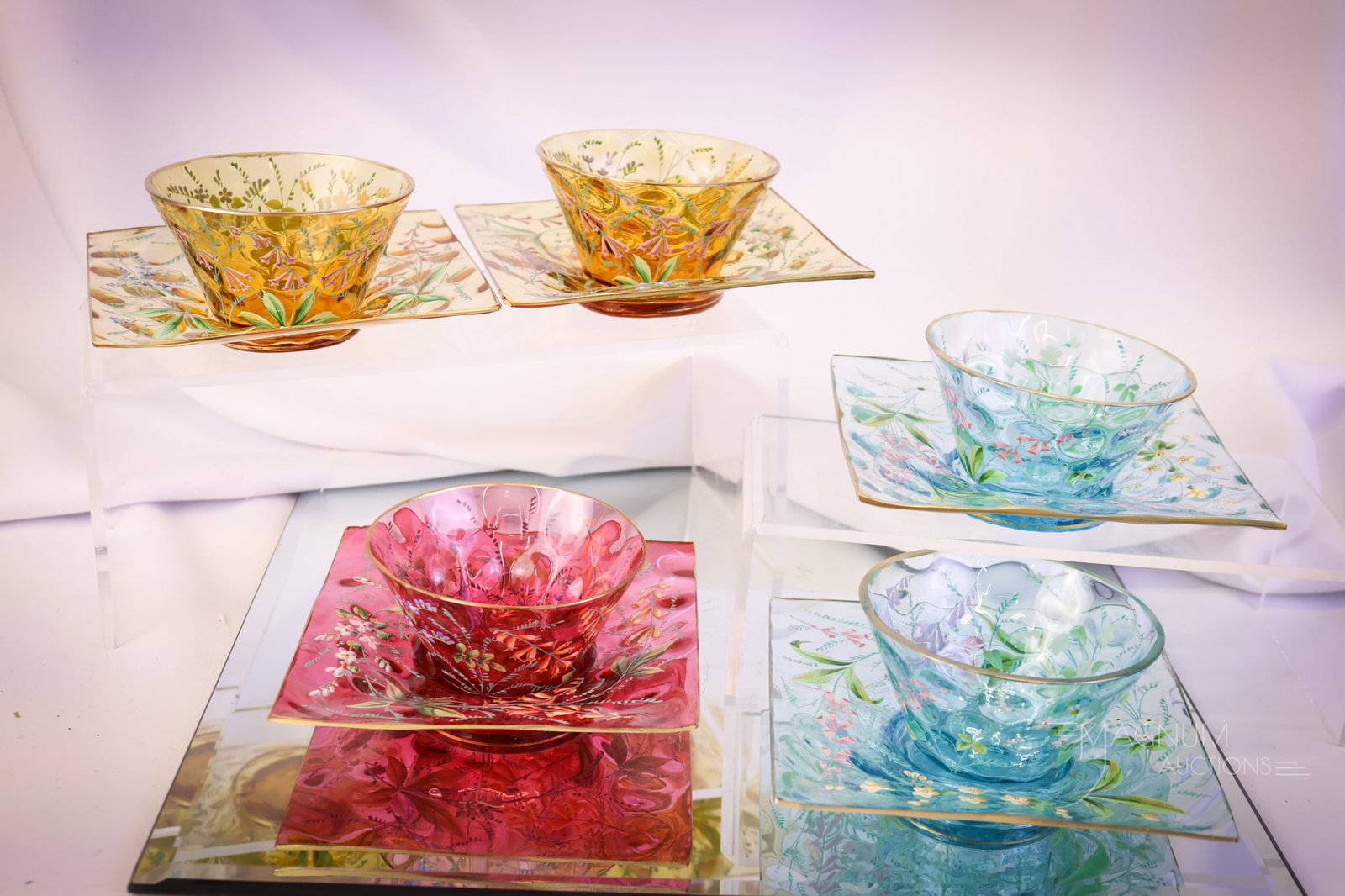 10 pc Rare Moser Finger Bowl & Undeplate Victorian Enameled Gilt Glass: Ten pieces in all are in this set oc five complete finger bowls with underplates. This is a rare offering. This is the first set we have seen with SQUARE underplates. Each piece is enamel and gilt dec