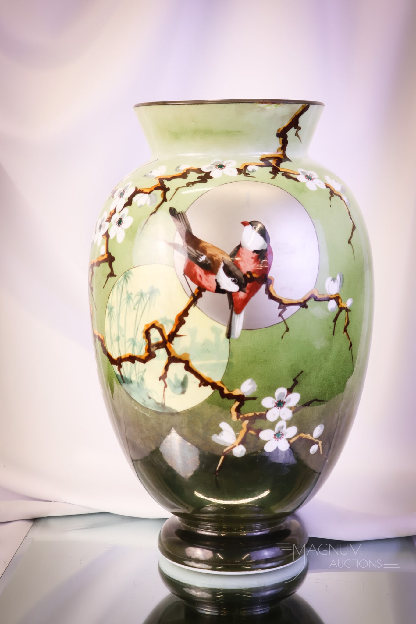 Monumental 14 1/2" Baccarat Japonisme Decorated Victorian Opalware Vase: A beautiful and monumental find in a signed Baccarat japonisme vase. This piece is made in enameled opalware. The piece is Victorian and decorated in a Japonisme style with a pair of birds, a silver m