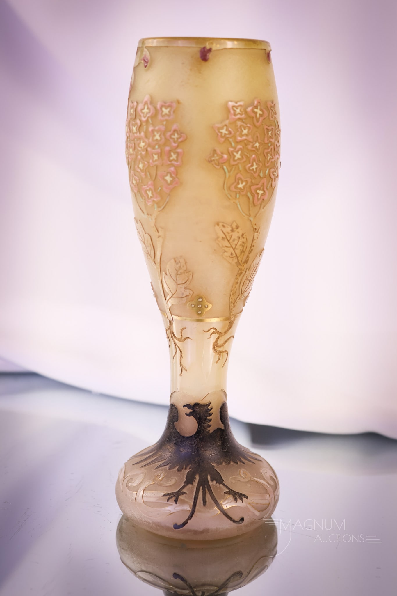 Museum Rarity EagleSigned Daum Nancy French Cameo Art Glass Vase: A museum piece for your collection of French Daum Nancy cameo art glass. This vase is extraordinary. It features clusters of stylized blossoms and a full figure wing spread black eagle at the base. Th