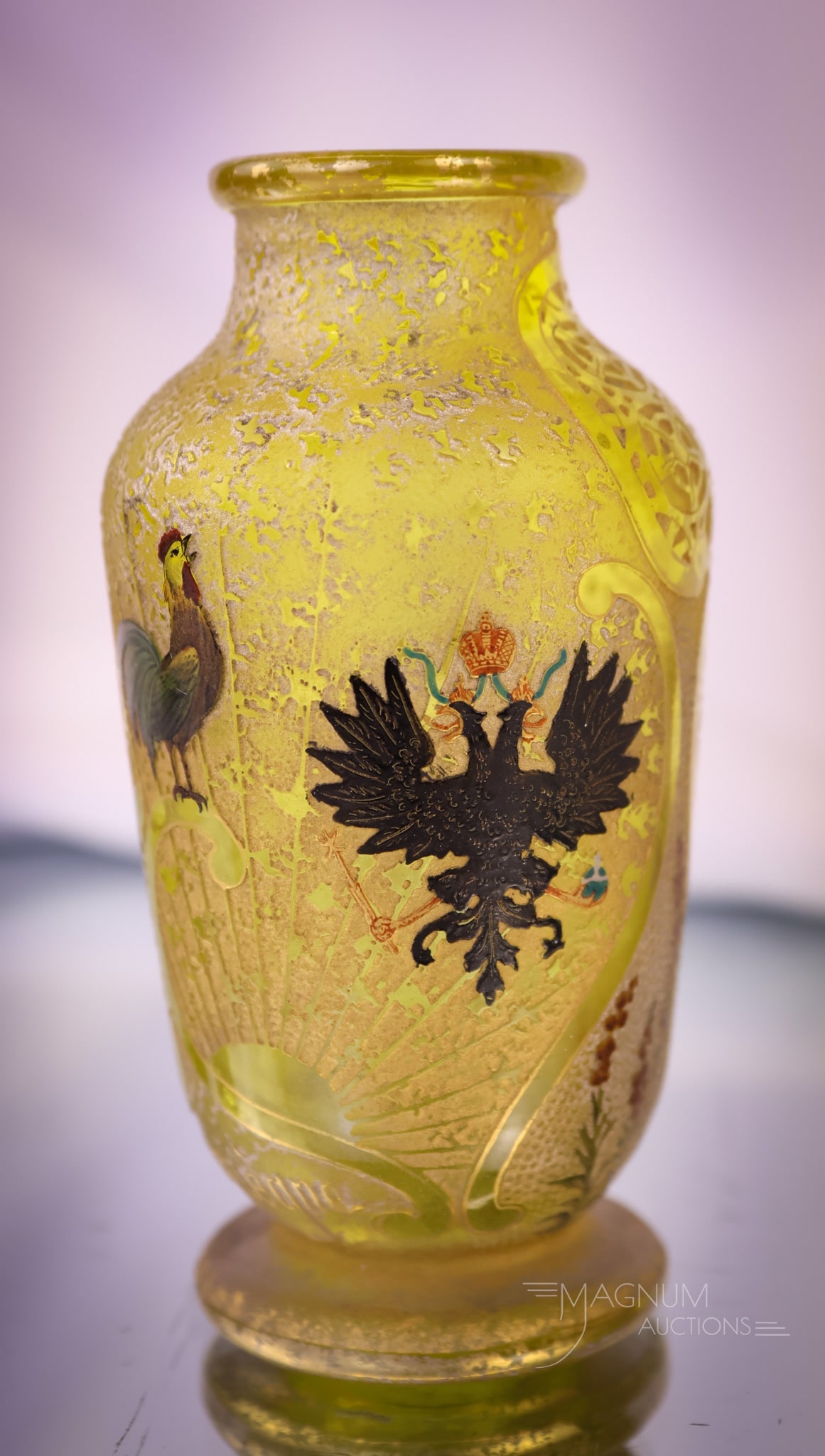 Museum Rarity Imperial Visit Czar Nicholas II Russian Eagle Signed Daum Nancy Cameo Glass Vase: A museum rarity for your bidding pleasure. This is a signed Daum Nancy French cameo art glass cabinet vase. This piece is a commemorative vase for Czar Nicholas II and his wife's visit to France in 19
