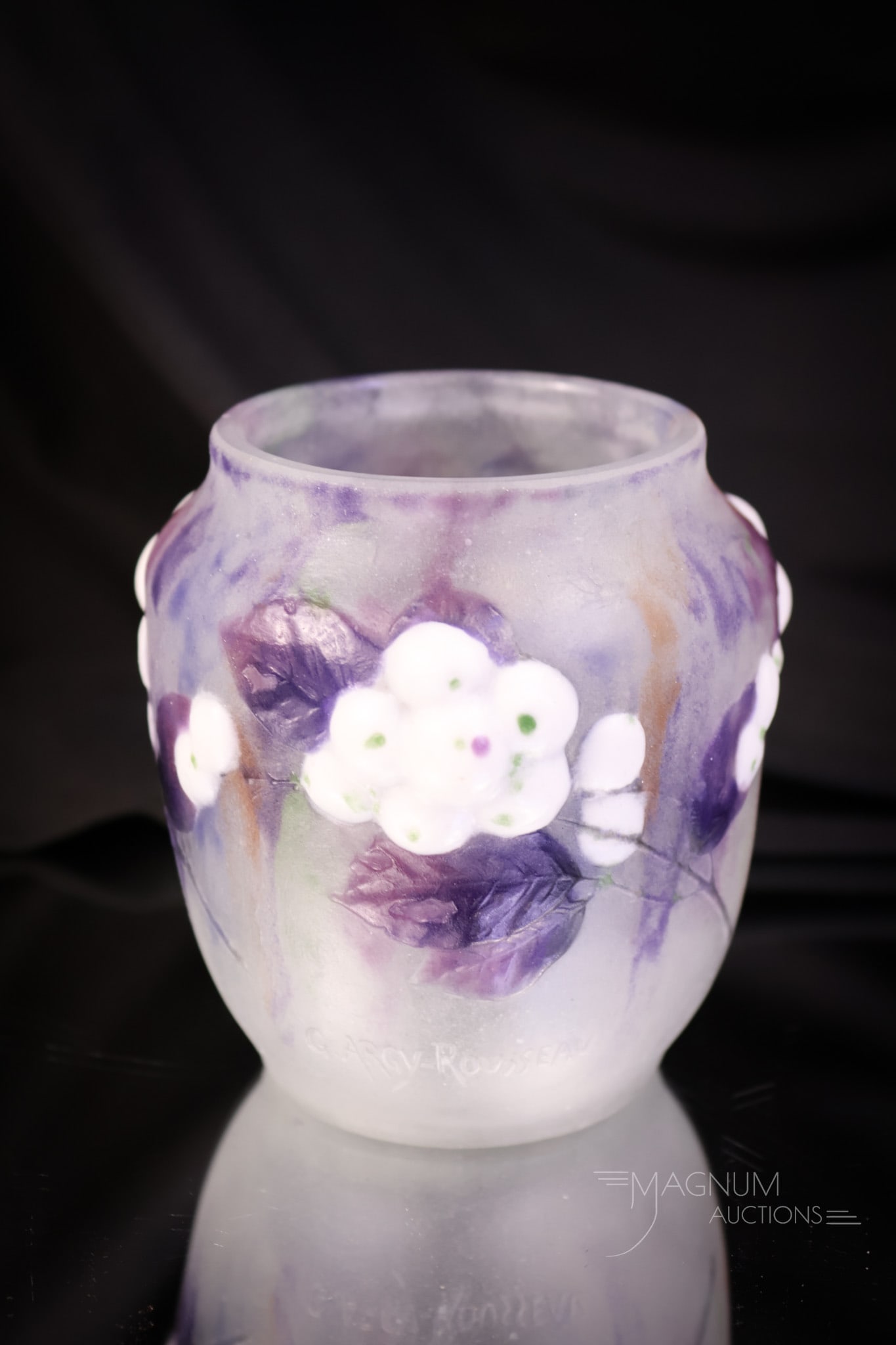 Signed "G. Argy Rousseau" Molded Art Glass Vase: A charming and beautiful signed piece of French Art Glass. This vase by "G. Argy Rousseau" features a molded body with purple foliage and white flowers or berries. Exquisite! The vase measures 4" tall