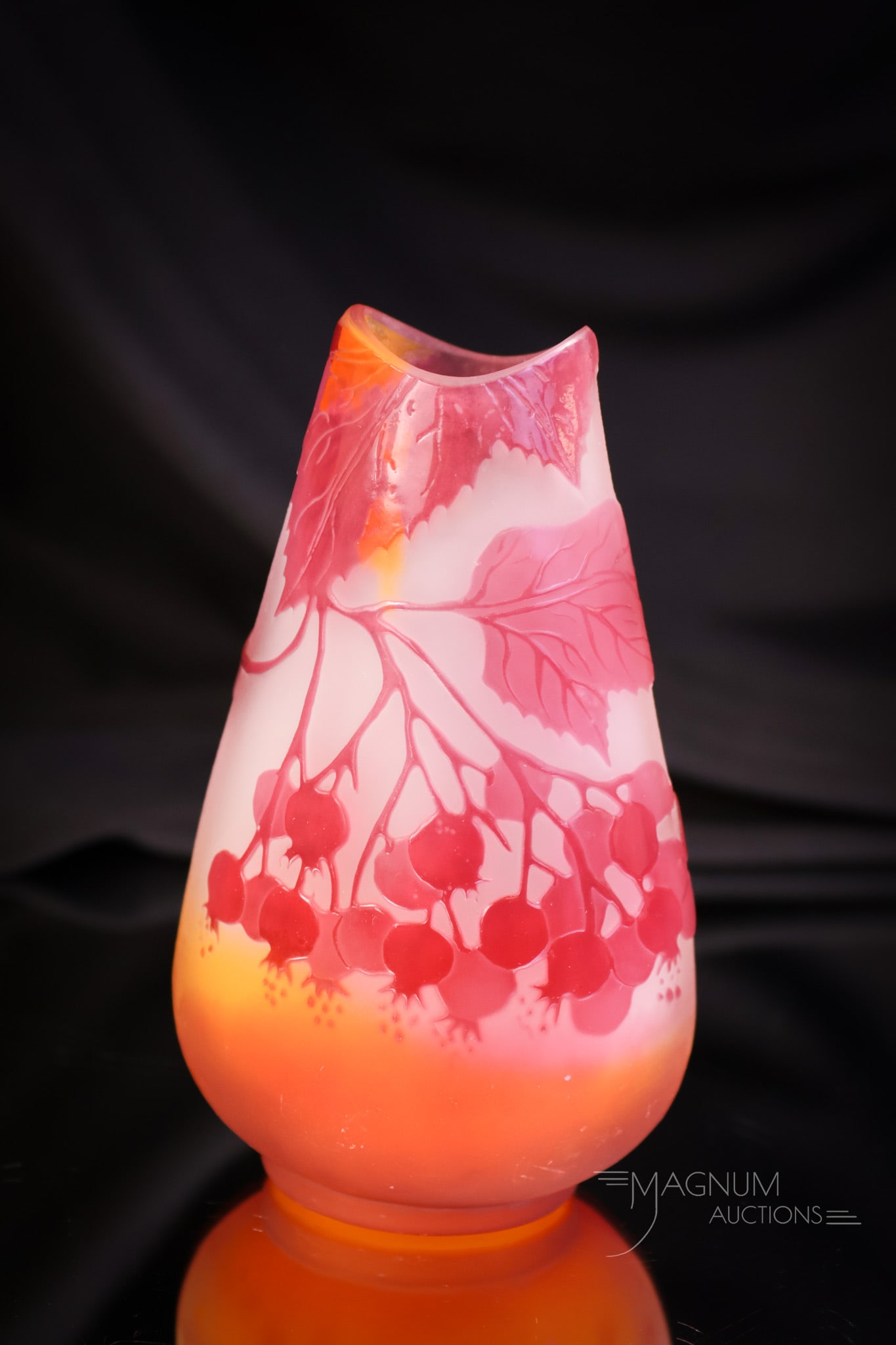 Signed Galle French Cameo Art Glass Vase: This vase is decorated with red berry clusters and foliage on a clear background. The vase is a signed Galle example. A beautiful addition in a cabinet sizeThe vase measures 5" tall and 3" wide. SHIPP