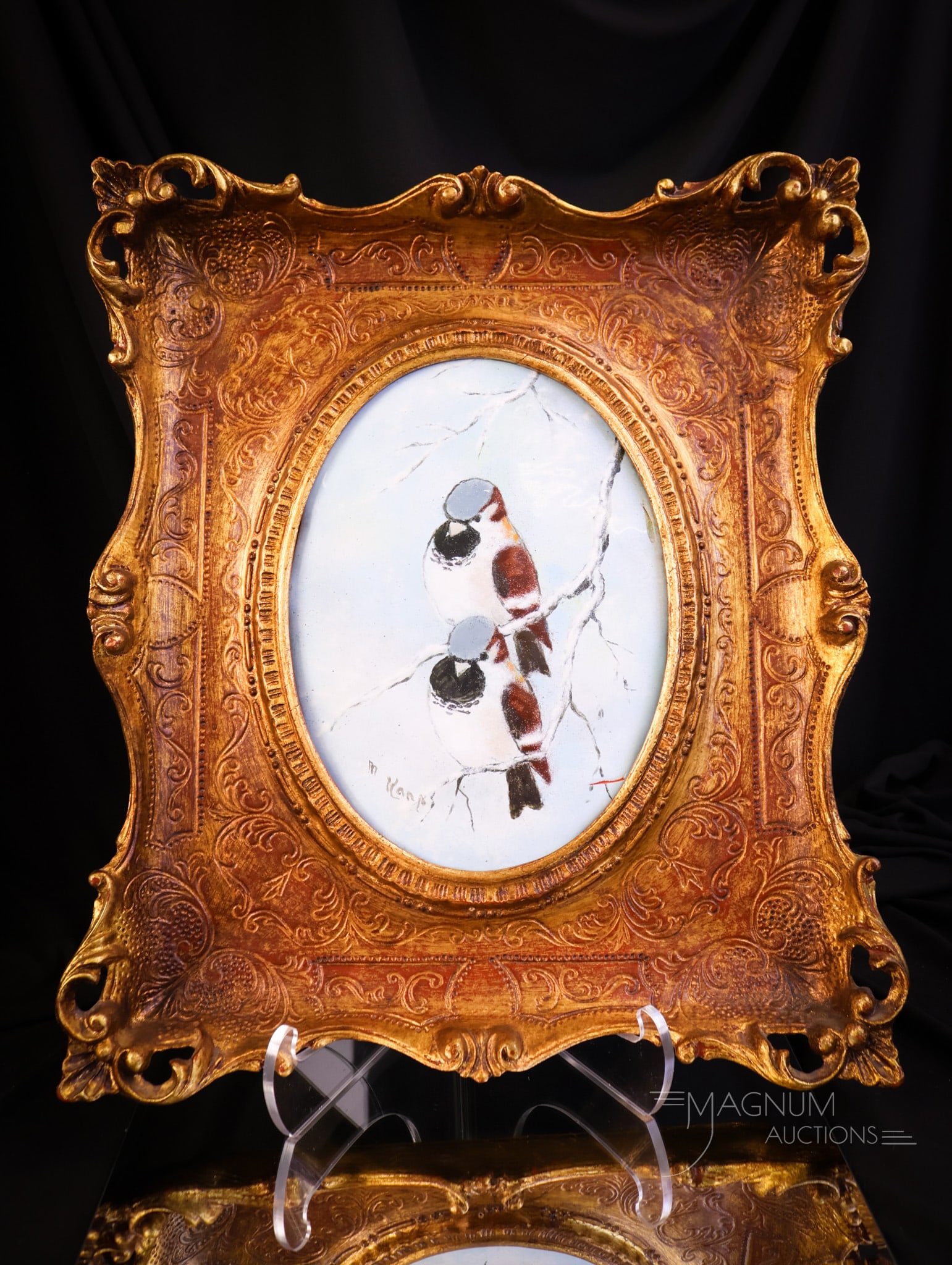Artist Signed Enamel on Copper "Winter Birds" Framed Oval Plaque: A beautiful find in an enamel on copper framed plaque. This is an antique oval plaque featuring a pair of winter birds. The frame measures 16" tall and 14" wide. The plaque measures 9" tall and 6 3/4"