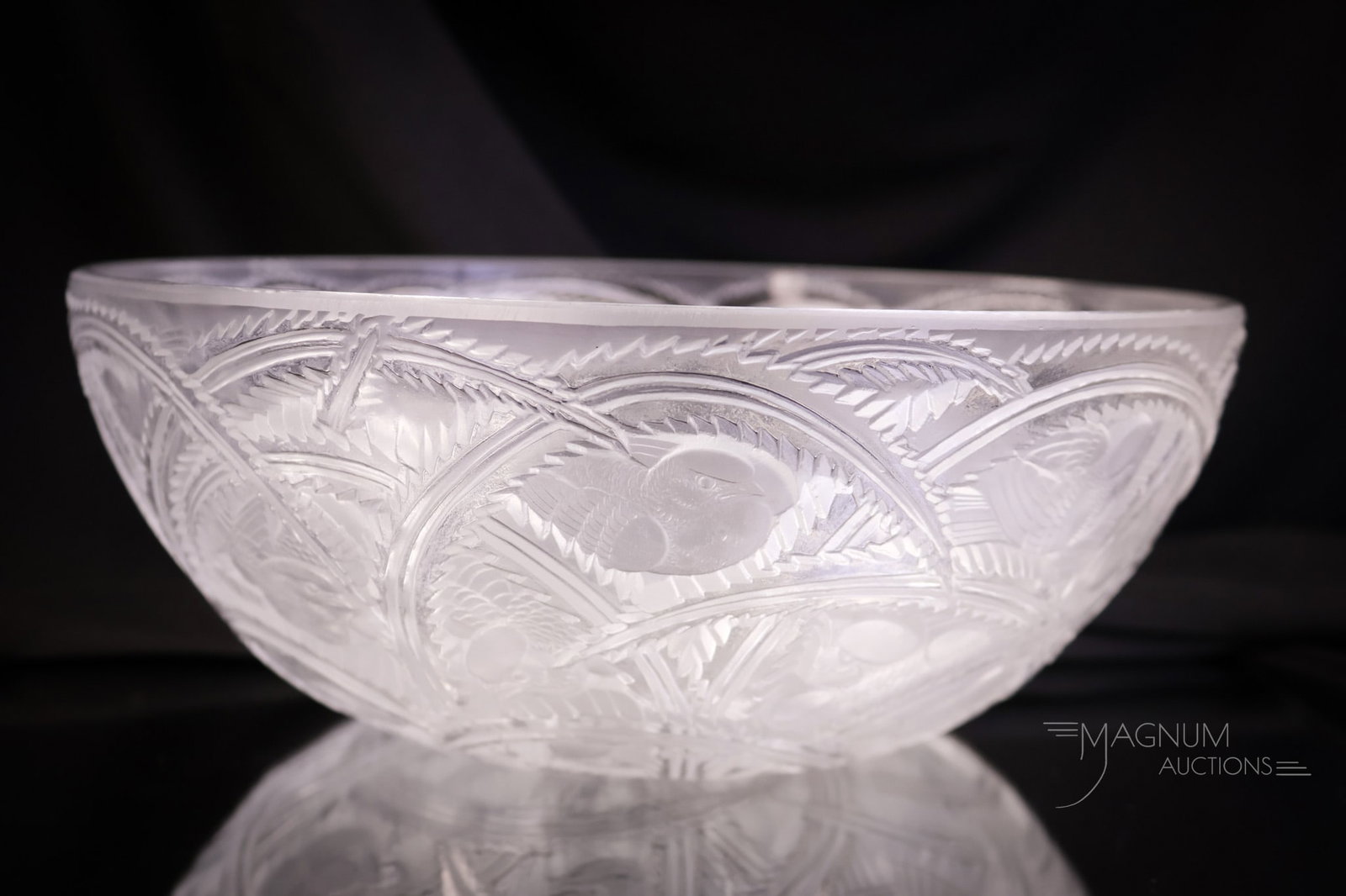 Signed Lalique "Pinsons" French Crystal Footed Bowl: Always a delight to find a piece of signed Lalique, French crystal. This bowl is in the "Pinsons" pattern. It measures 3 3/4" tall and 9 1/4" wide. SHIPPING NOTICE: If you choose not to utilize the Li