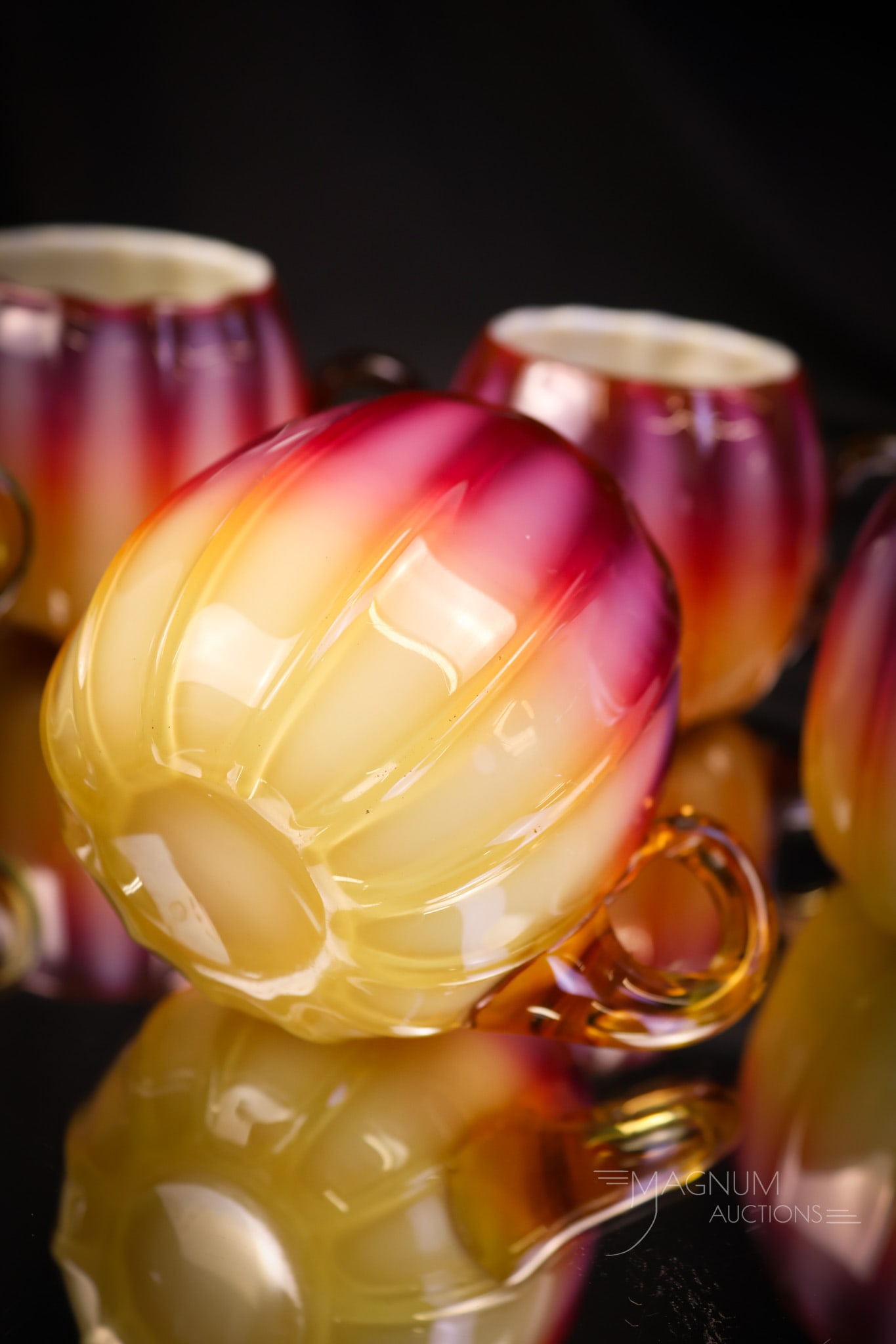 Museum Rarity Set of 6 Victorian New England Plated Amberina Glass Custard Cups in Box - 10