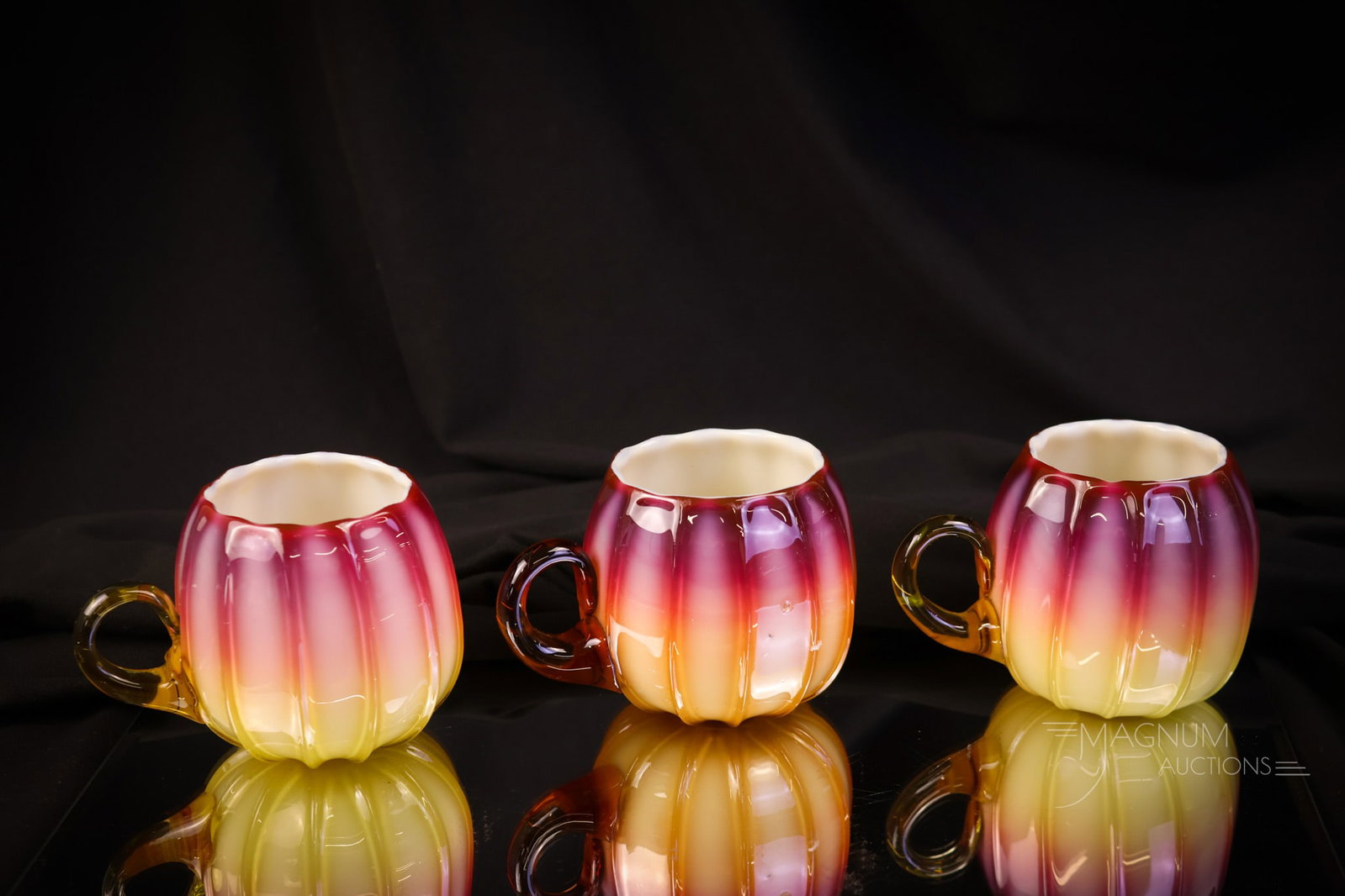Museum Rarity Set of 6 Victorian New England Plated Amberina Glass Custard Cups in Box - 11