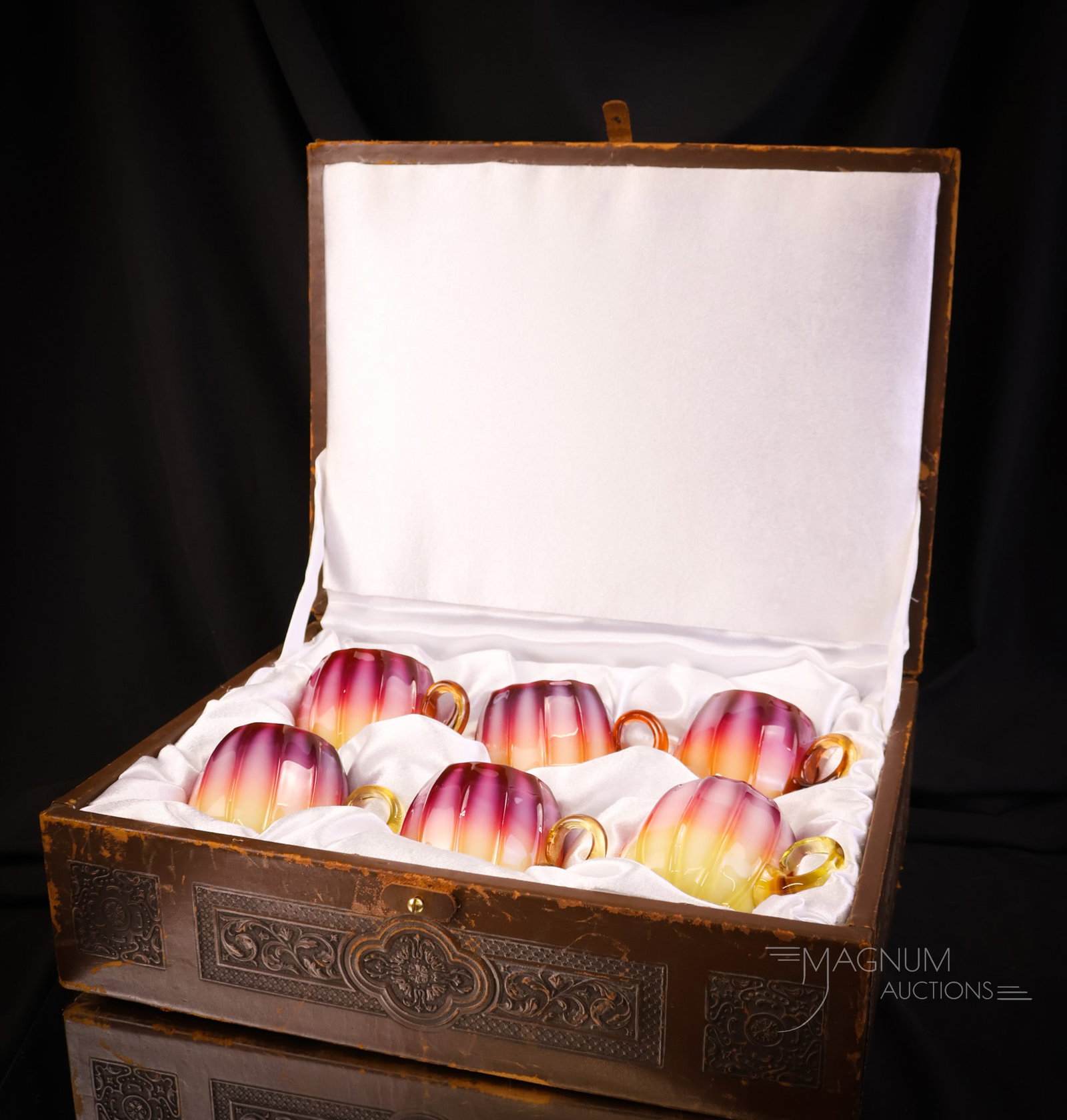 Museum Rarity Set of 6 Victorian New England Plated Amberina Glass Custard Cups in Box - 16
