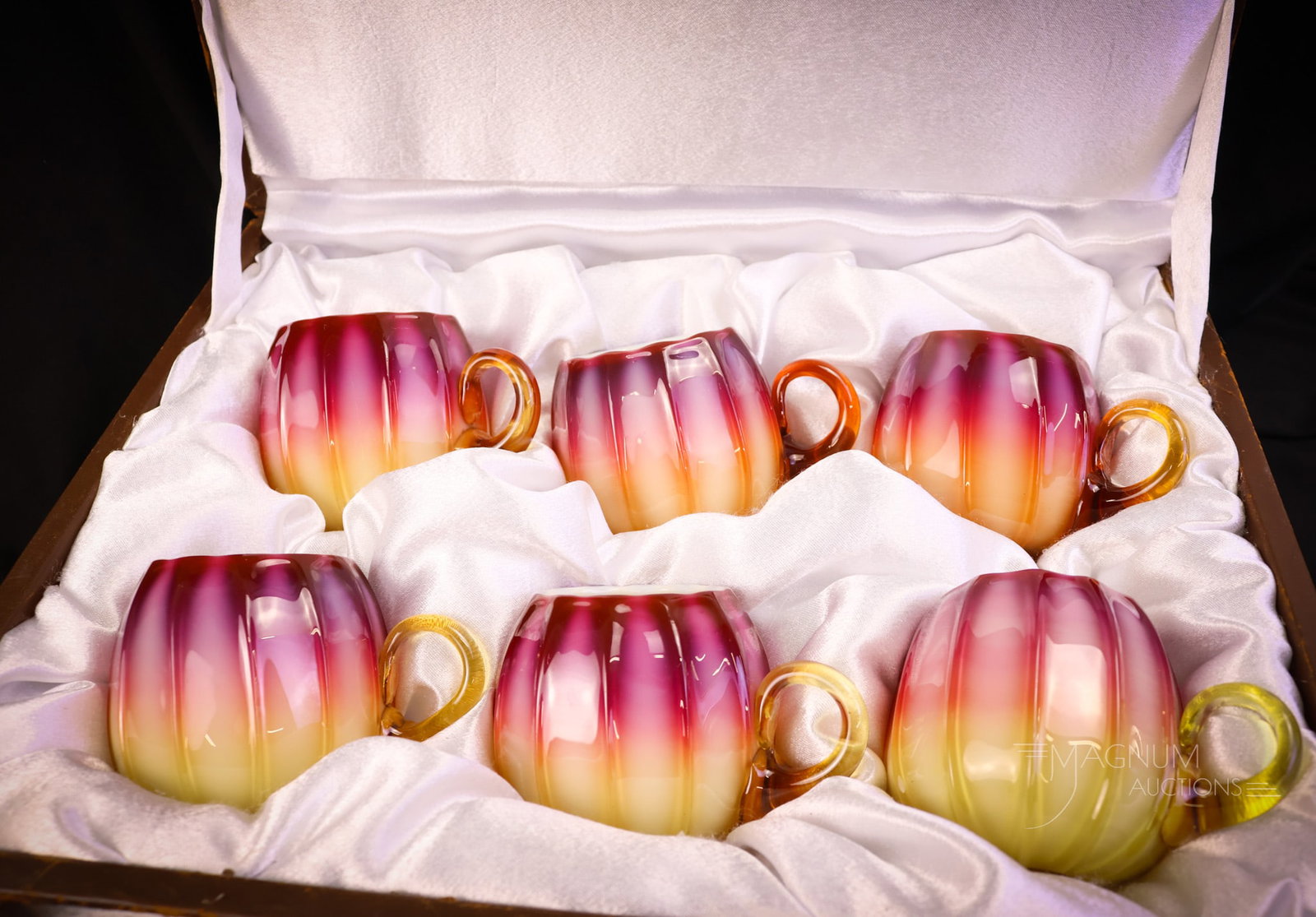 Museum Rarity Set of 6 Victorian New England Plated Amberina Glass Custard Cups in Box - 17