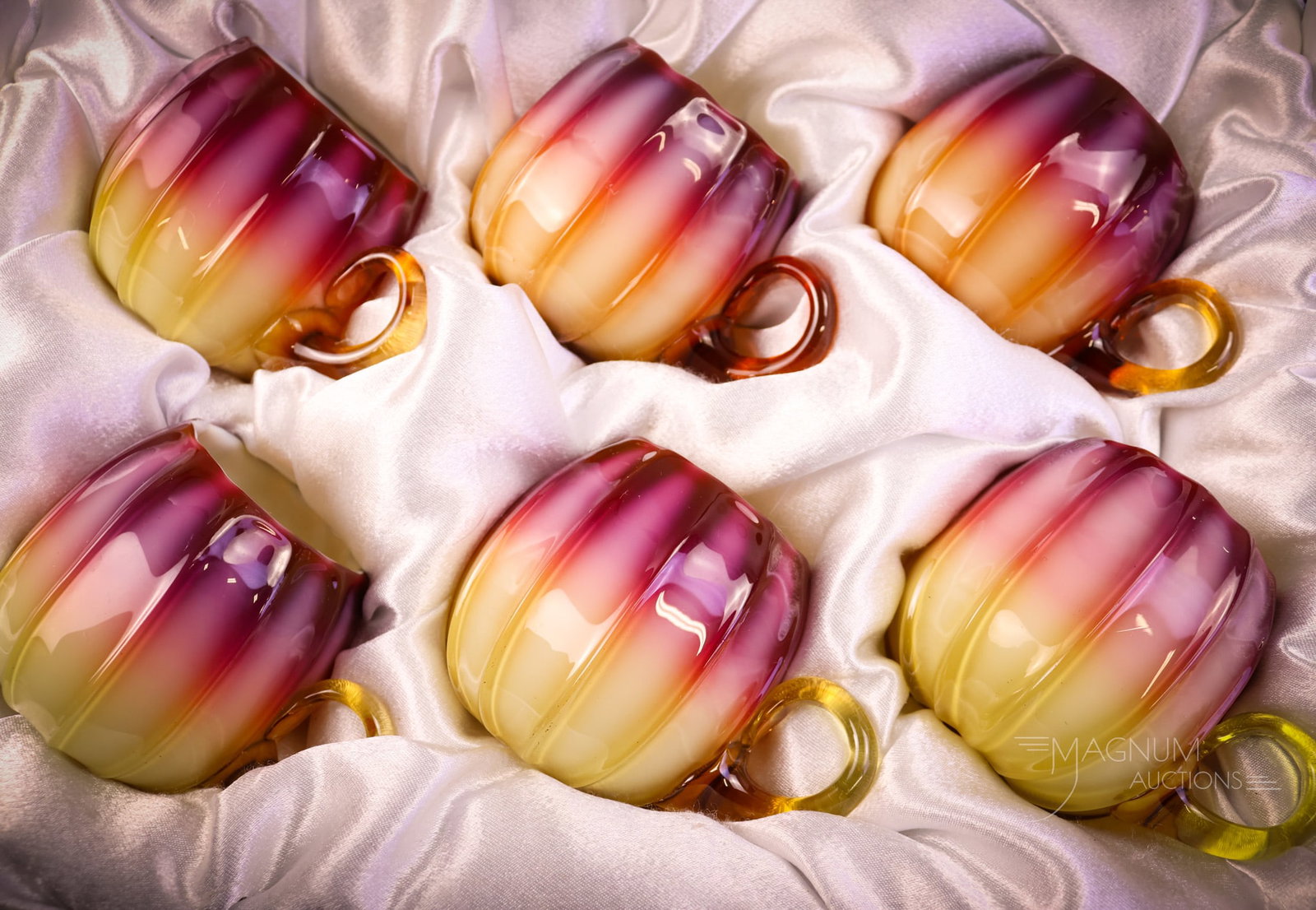 Museum Rarity Set of 6 Victorian New England Plated Amberina Glass Custard Cups in Box - 18