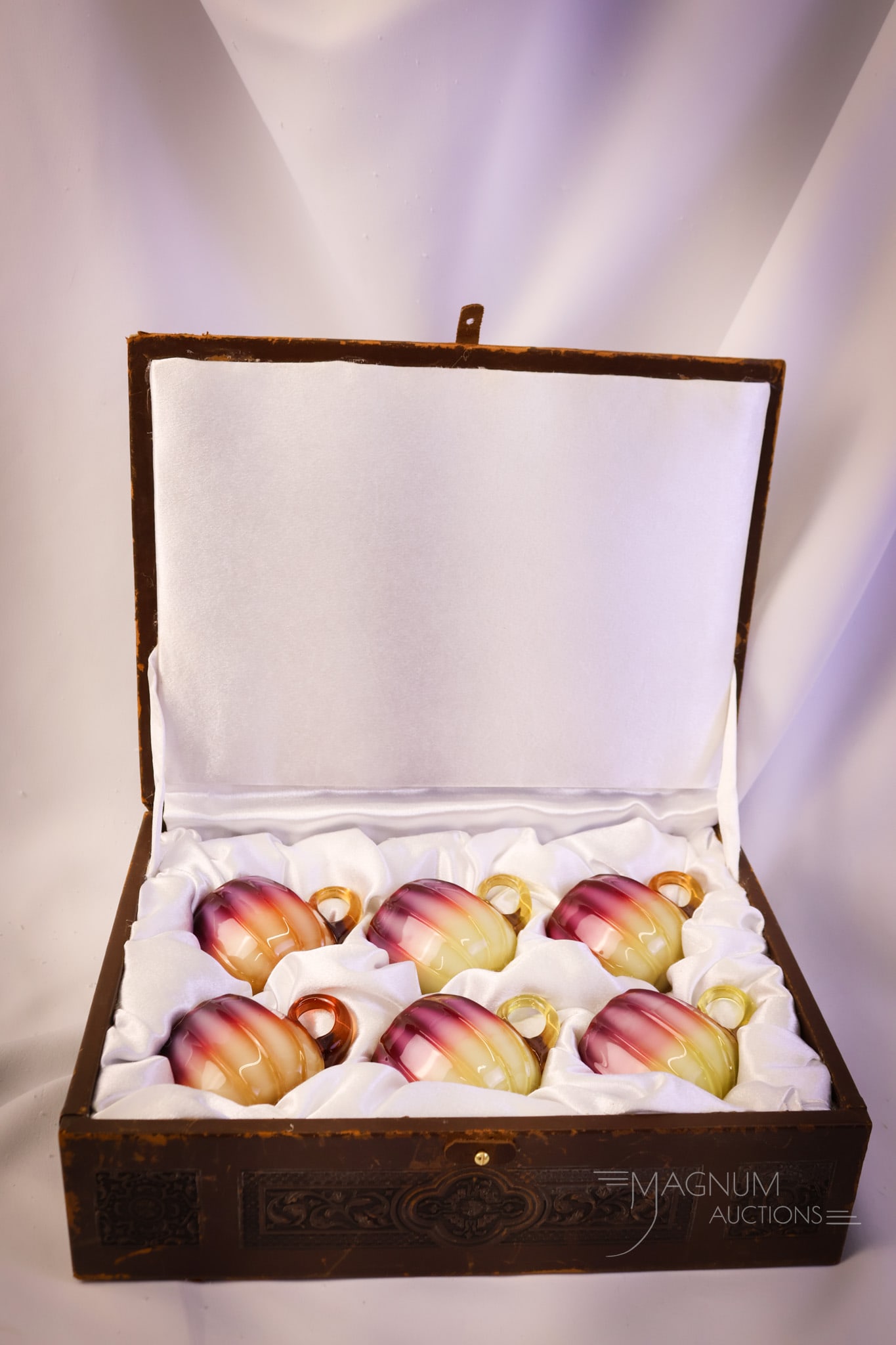 Museum Rarity Set of 6 Victorian New England Plated Amberina Glass Custard Cups in Box (1 of 18)
