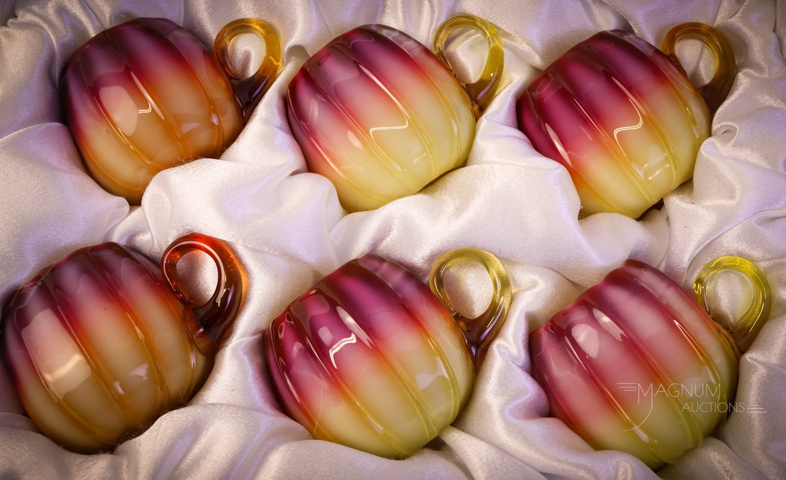 Museum Rarity Set of 6 Victorian New England Plated Amberina Glass Custard Cups in Box - 2