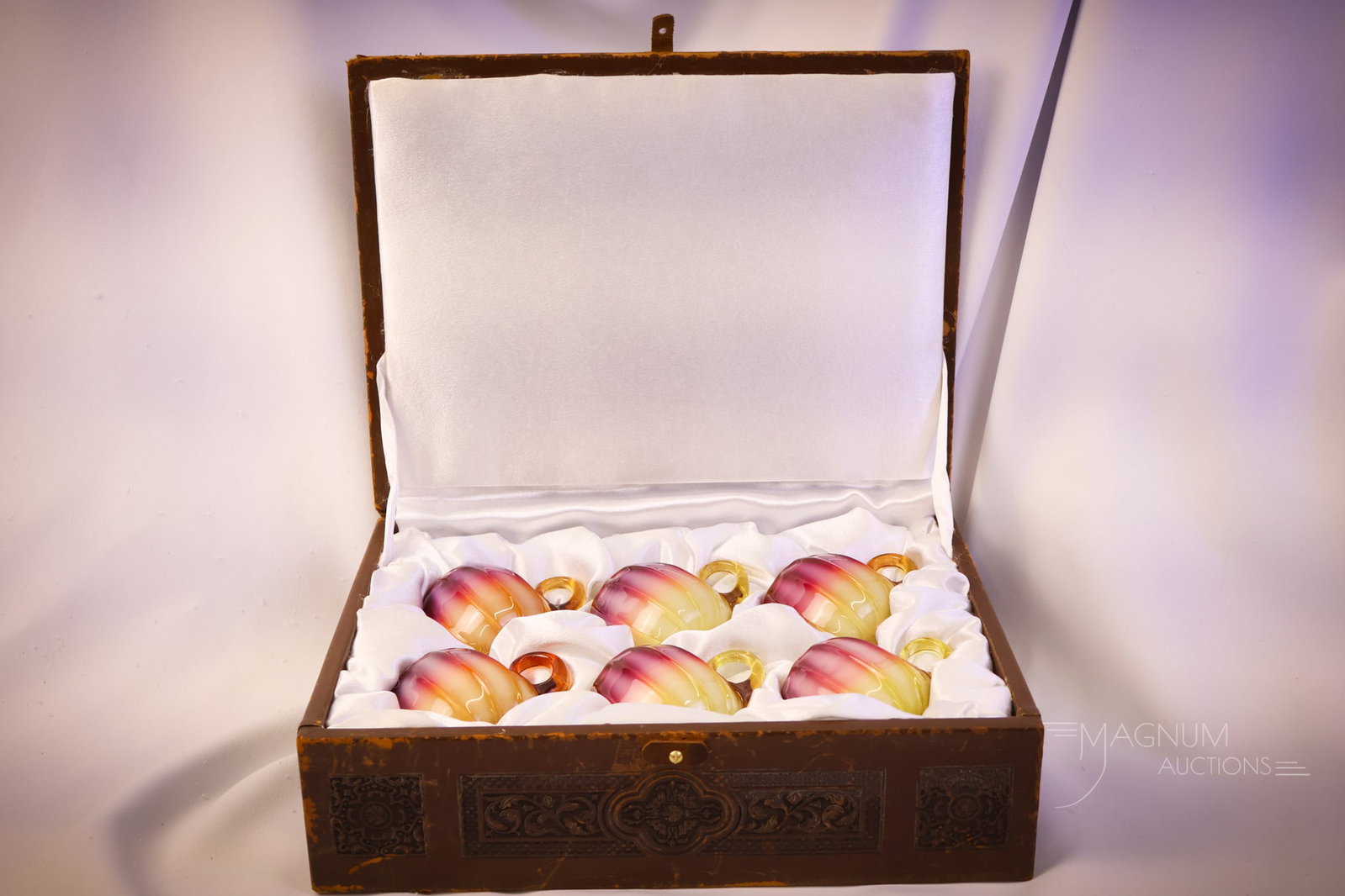 Museum Rarity Set of 6 Victorian New England Plated Amberina Glass Custard Cups in Box - 5