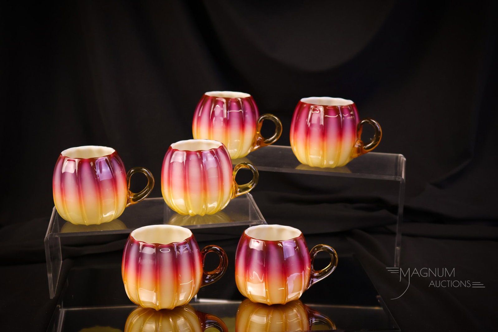 Museum Rarity Set of 6 Victorian New England Plated Amberina Glass Custard Cups in Box - 8