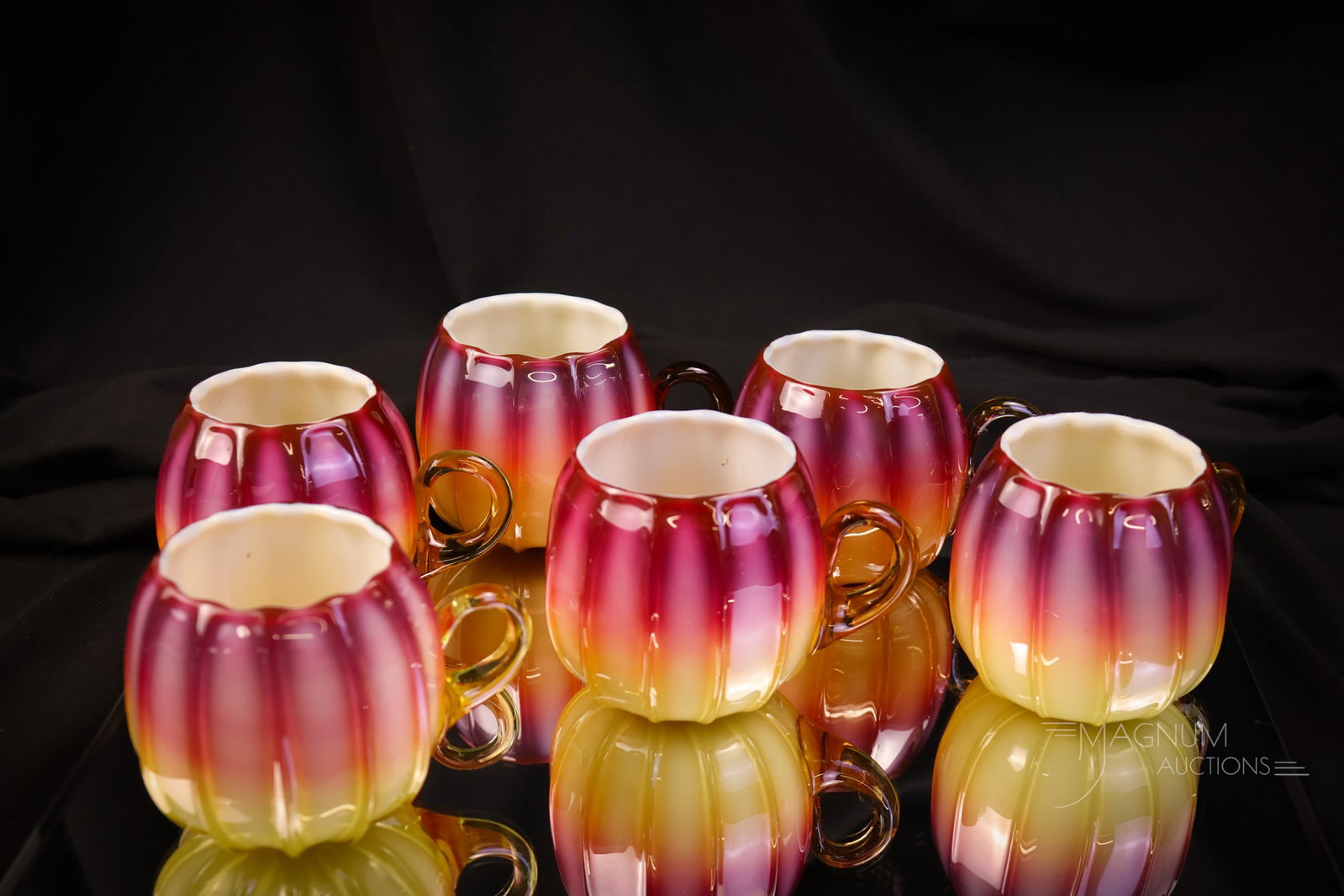 Museum Rarity Set of 6 Victorian New England Plated Amberina Glass Custard Cups in Box - 9