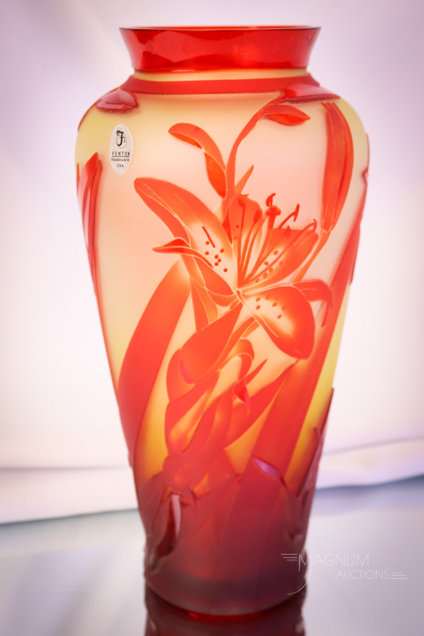 Fenton Kelsey Murphy Robert Bomkamp Cameo Art Glass Vase: A beautiful example of a Fenton Kelsey Murphy/Robert Bomkamp cameo art glass vase. The vase is titled,"Stars of the Garden" and numbered 38/90. The vase measures 10 1/4" tall. SHIPPING NOTICE: If you 