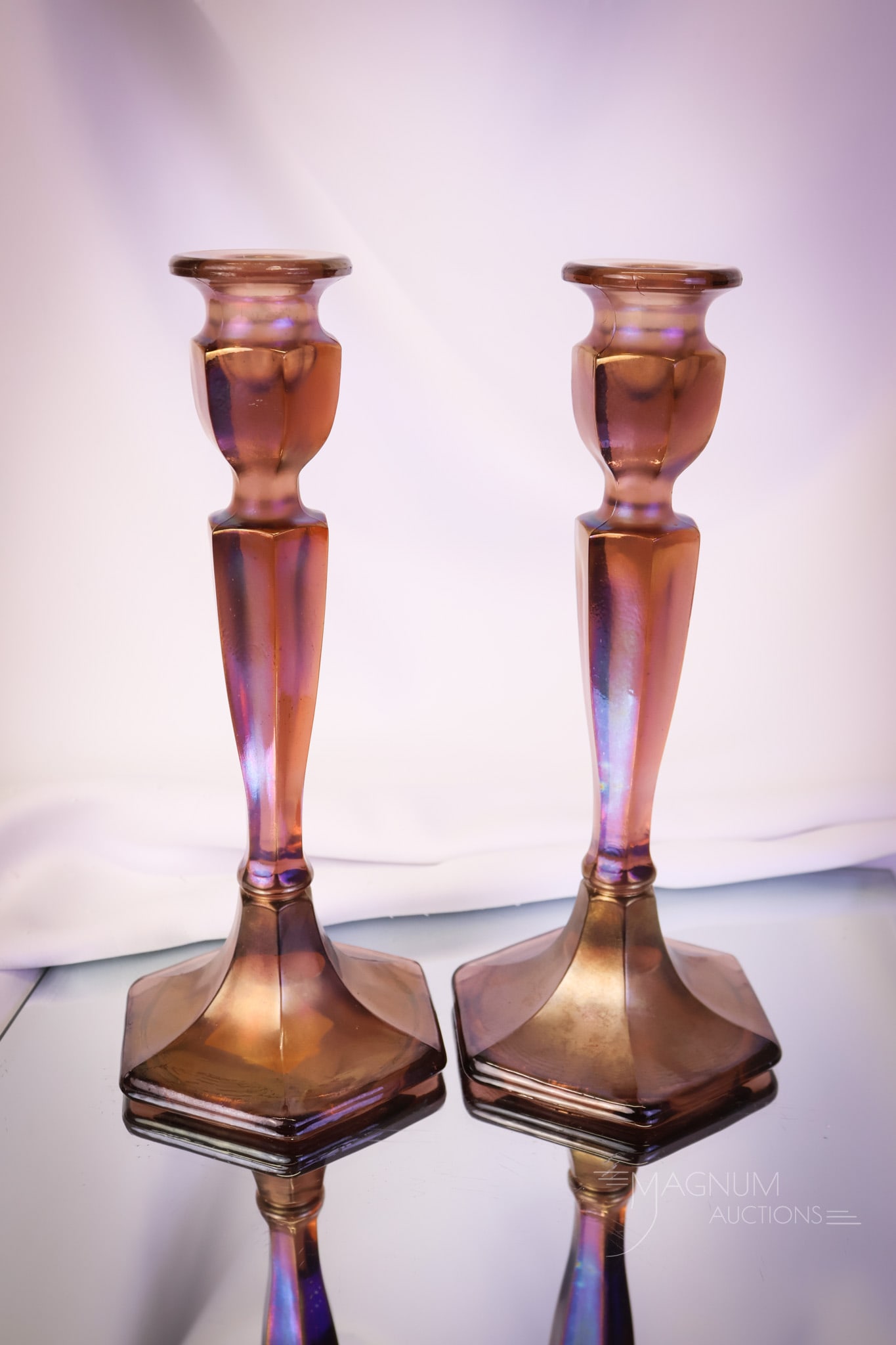 Pair of Fenton Wisteria Stretch Florentine Colonial Candlesicks: A delightful pair of Fenton Wisteria stretch Florentine/Colonial candlesticks from the 1920's. Each is numbered 349. Each measures 10 1/4" tall. SHIPPING NOTICE: If you choose not to utilize the LiveA