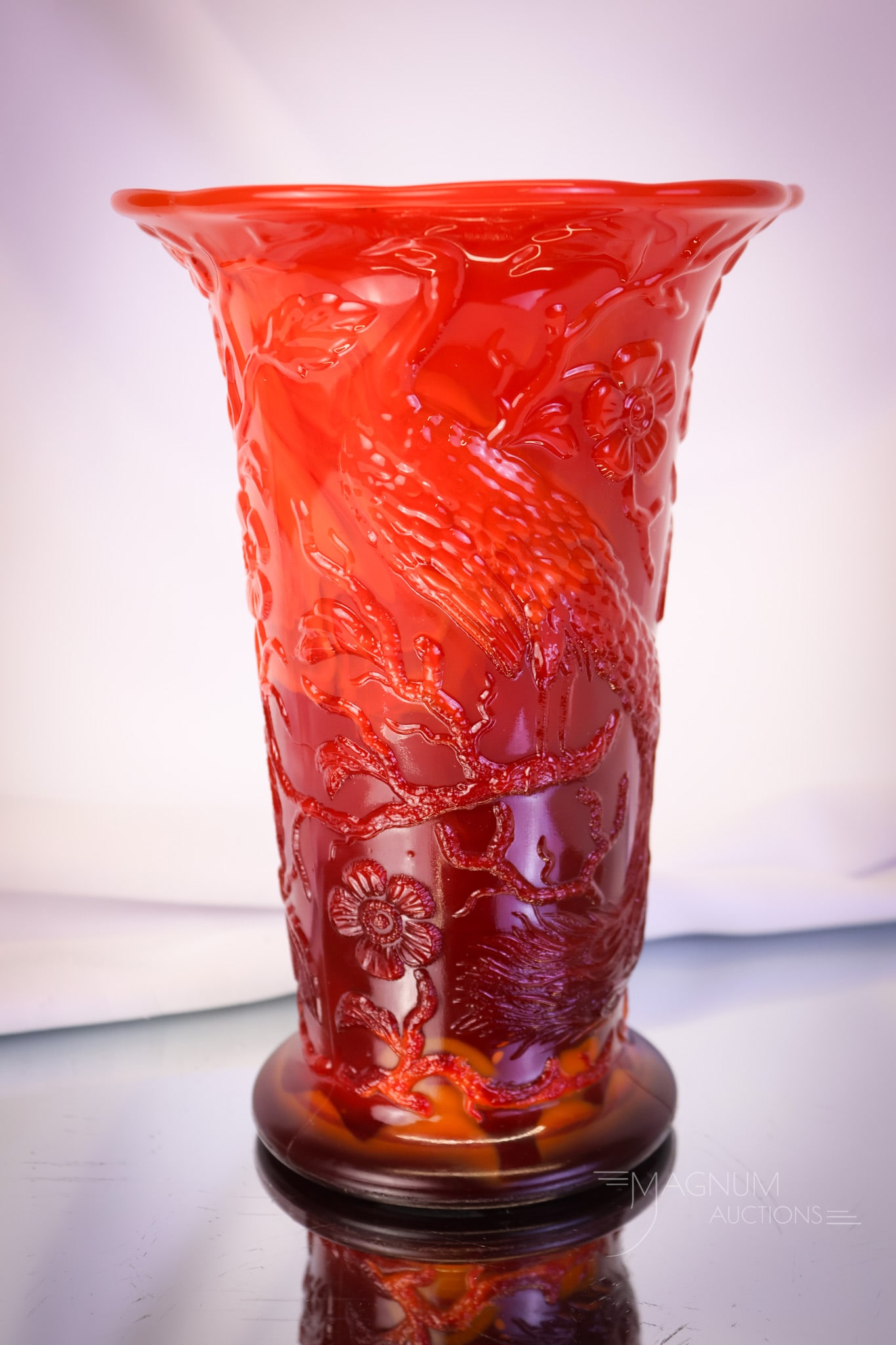 Fenton Mandarin Red "Peacock Garden" 1930s vase: A gorgeous Mandarin red Fenton art glass "Peacock Garden" pattern vase from the 1930s. This vase is beauty and so desirable! The vase measures 7 1/4" tall. There is a tool mark on the inner rim noted.