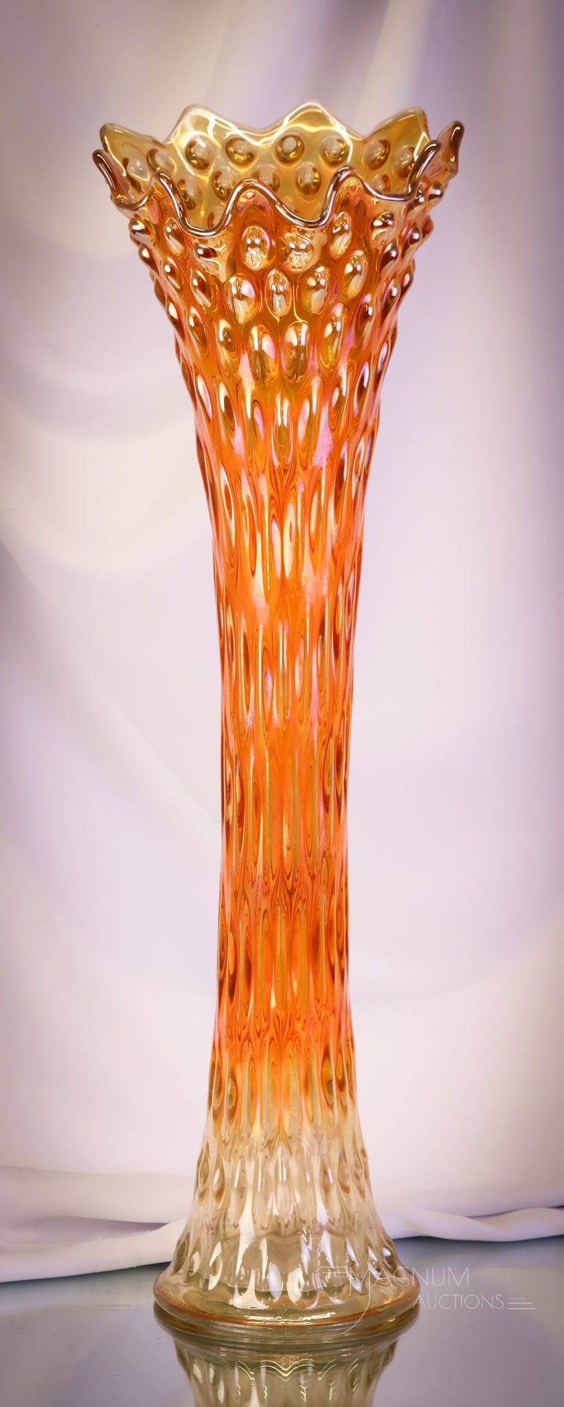 Fenton Rustic Marigold Carnival Glass 23" Funeral Vase: A gorgeous and rare find in Fenton carnival glass. This is a funeral vase. It measures 23 3/4" tall It has a big mouth at 7" wide. Just imagine the possibilities that could fit into that one! This vas