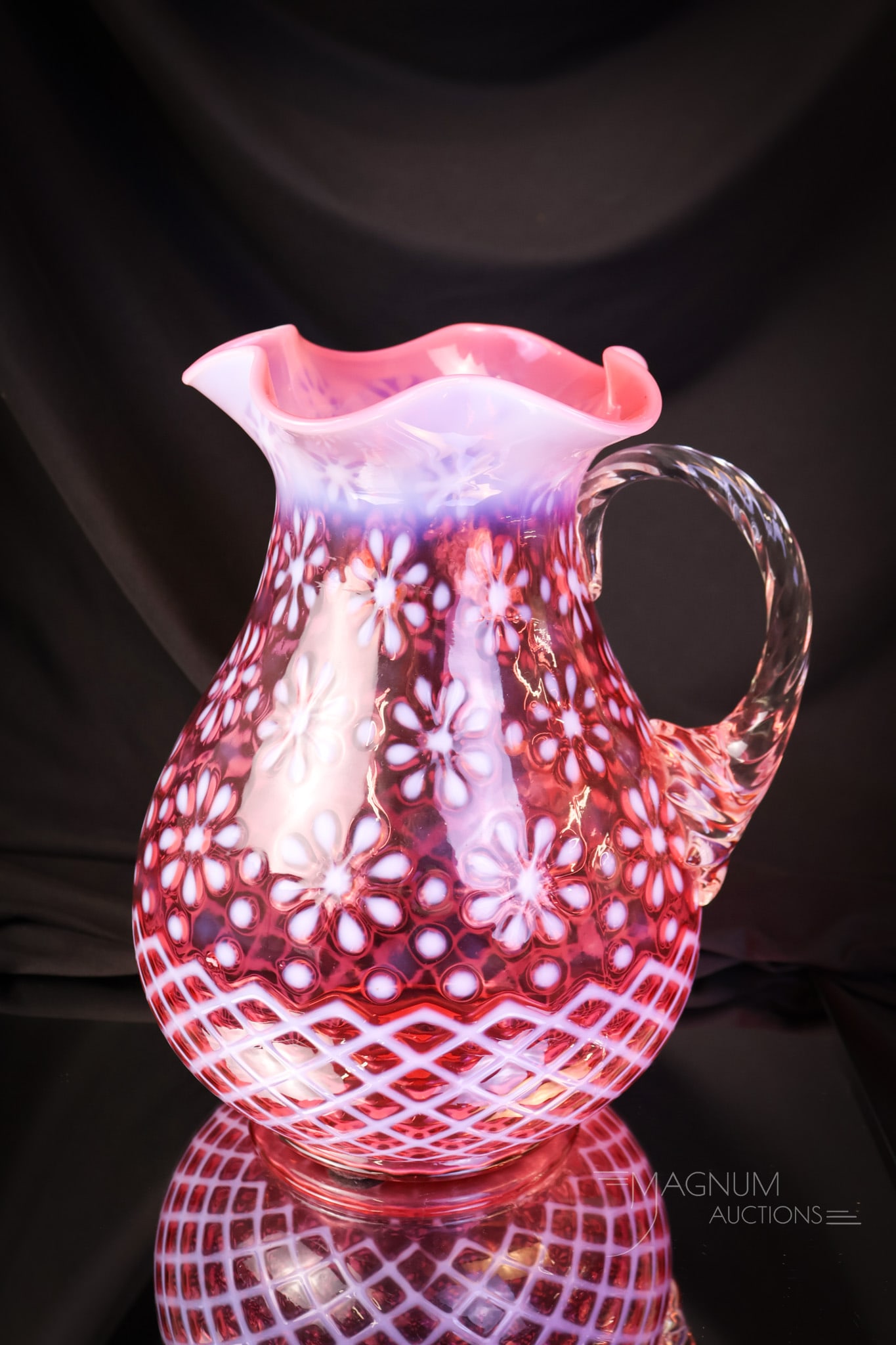 Scarce Northwood Cranberry Opalescent Christmas Snowflake Glass Water Pitcher (1 of 5)
